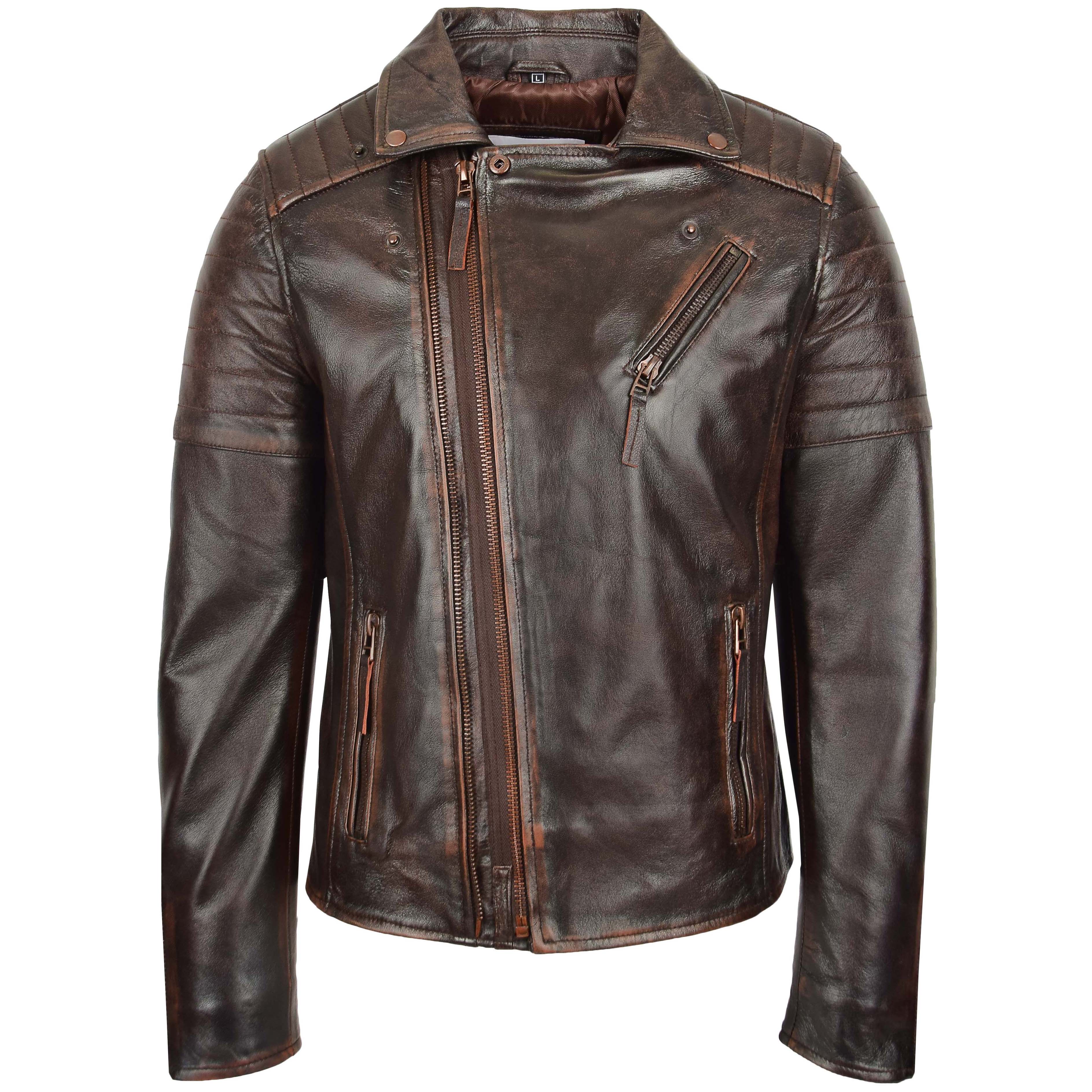 Mens Biker Leather Jacket Dual Zip Hook Topaz Brown Vintage