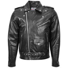 Mens Heavy Duty Leather Biker Brando Jacket Onyx Black