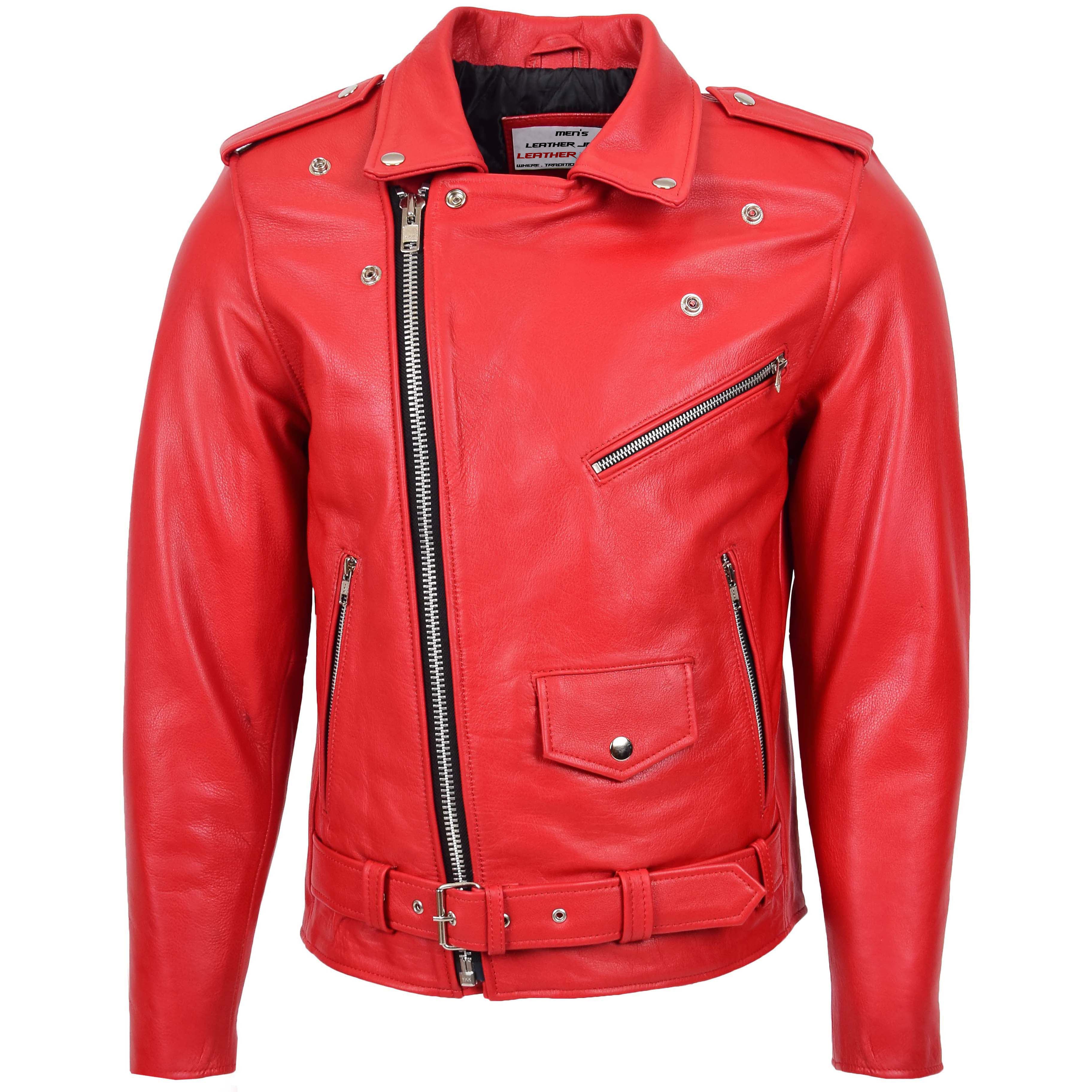 Mens Heavy Duty Leather Biker Brando Jacket Ruby red