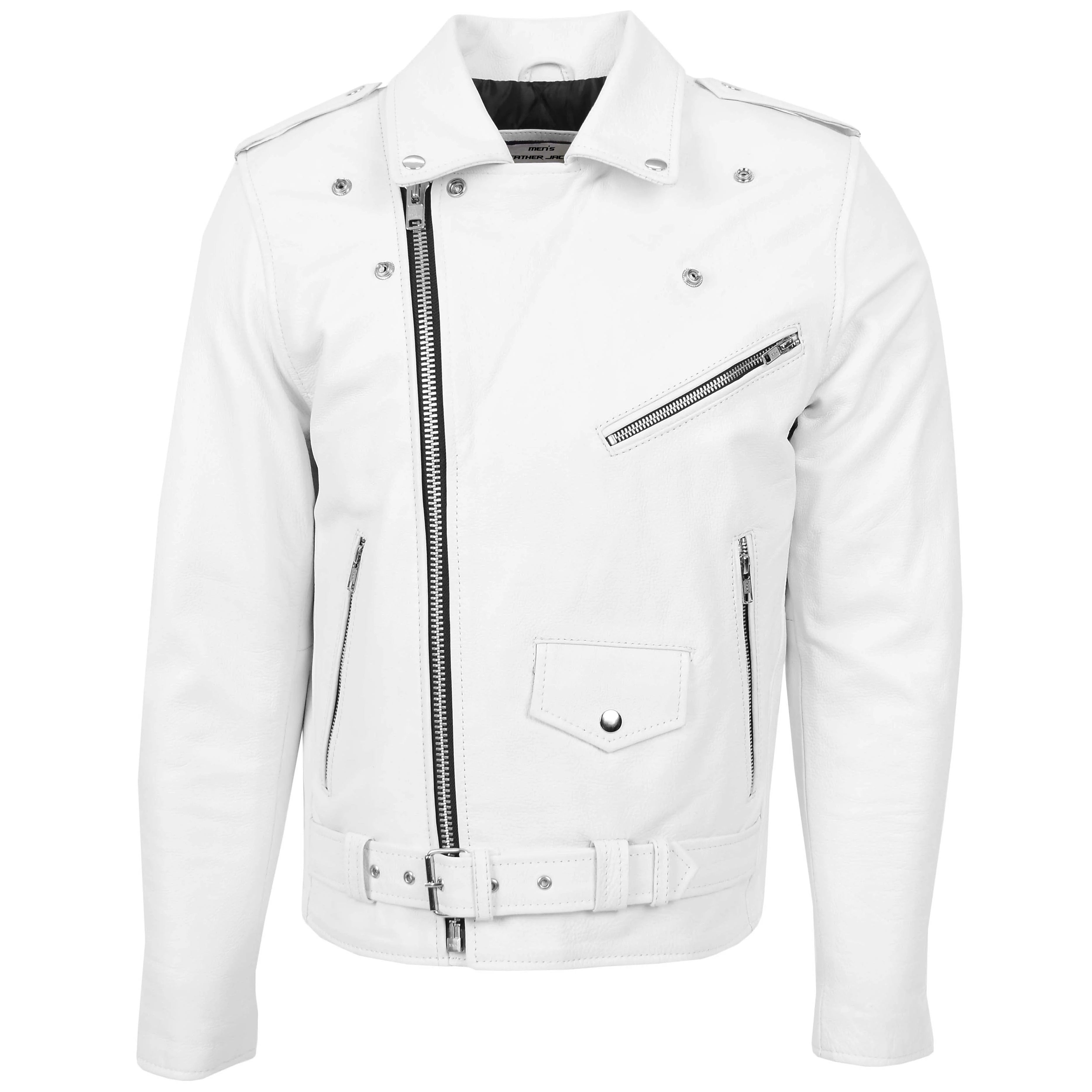 Mens Heavy Duty Leather Biker Brando Jacket Pearl white