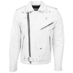 Mens Heavy Duty Leather Biker Brando Jacket Pearl white