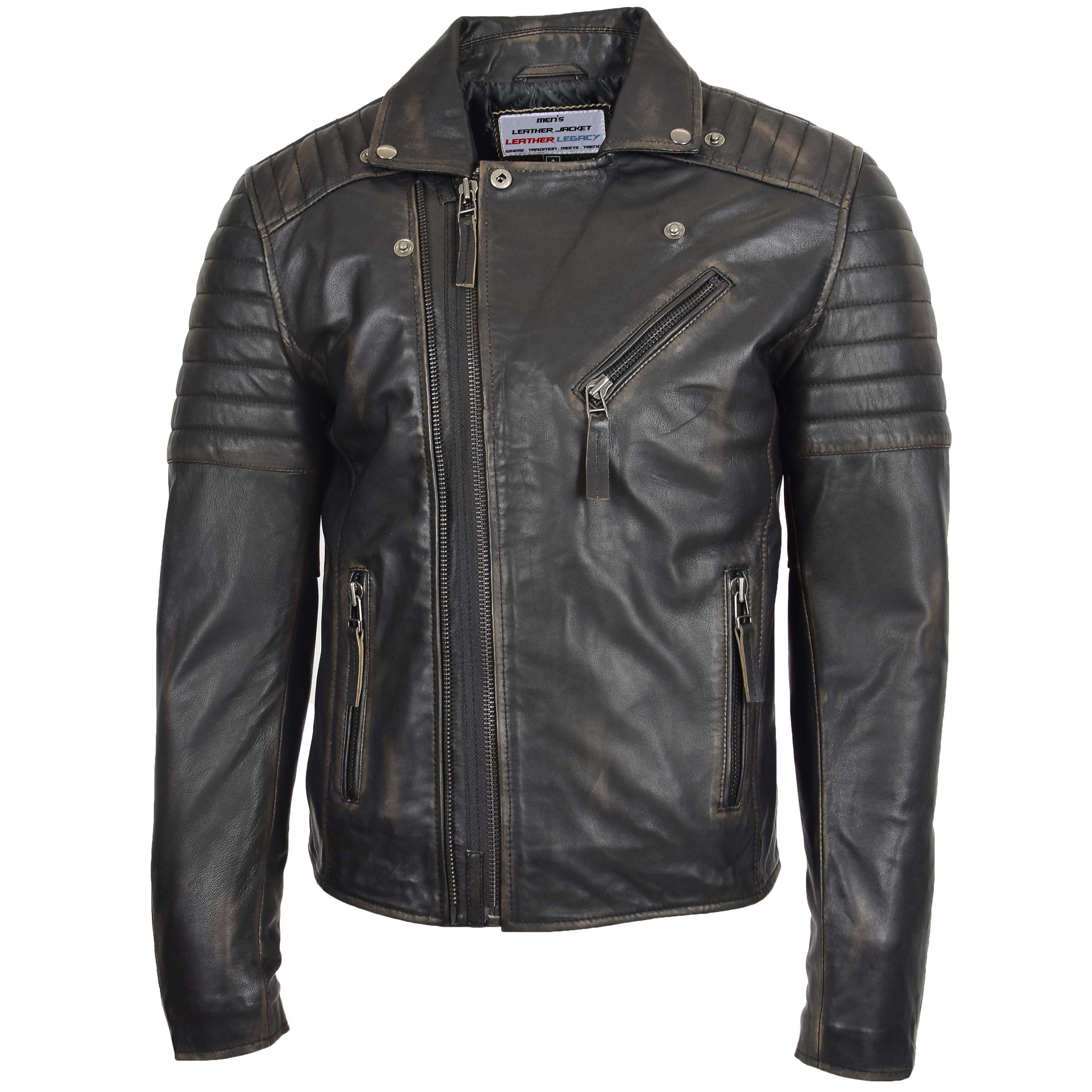 Mens Biker Leather Jacket Dual Zip Hook Jade Rubb Off