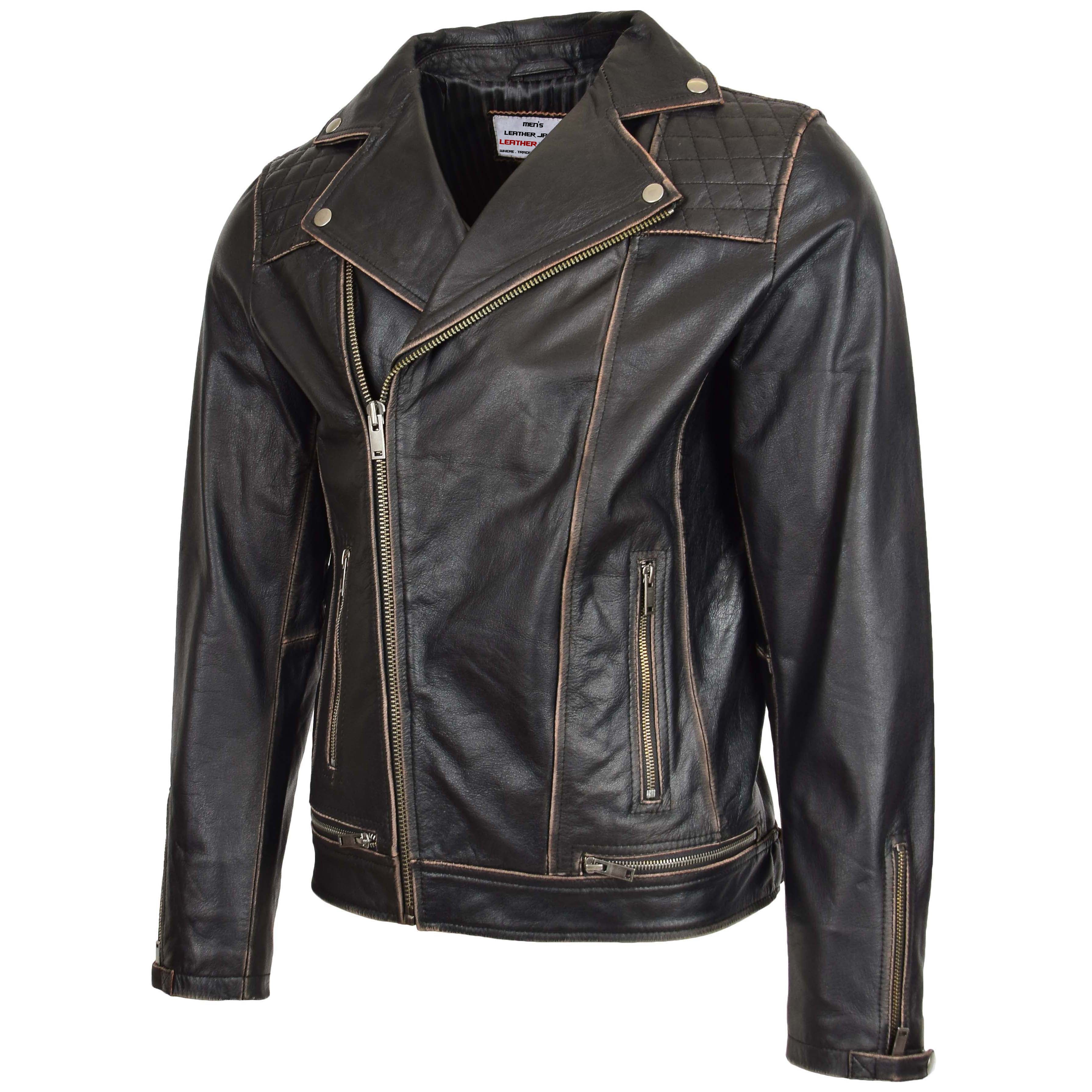 Mens Leather Biker Brando Design Jacket Sean Vintage Onyx black