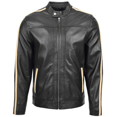 Mens Leather Biker Jacket with Racing Stripes Clyde Onyx black