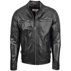 Mens Leather Biker Style Jacket with Quilt Detail Onyx black