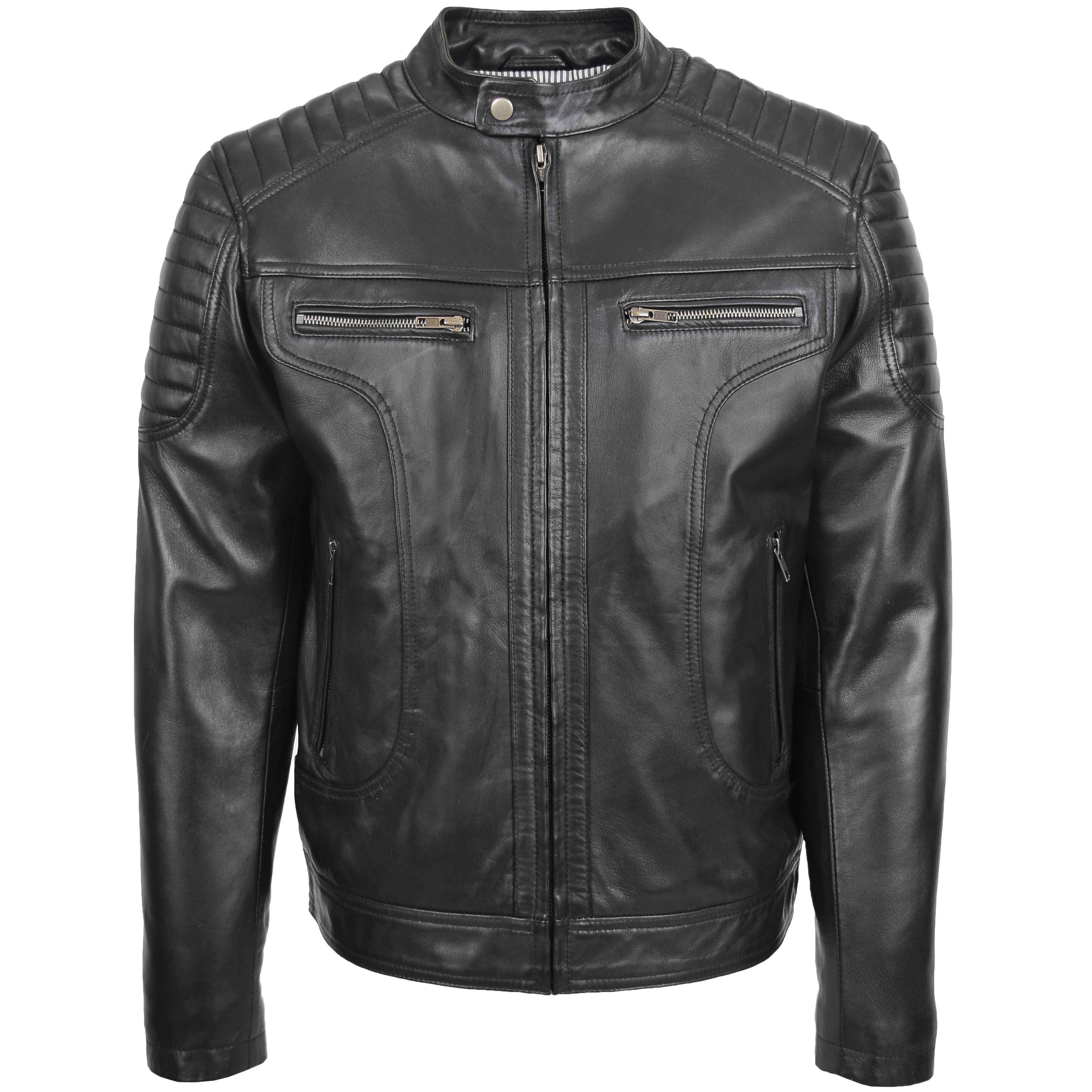 Mens Leather Biker Style Zip Jacket Eddie Essence Onyx black