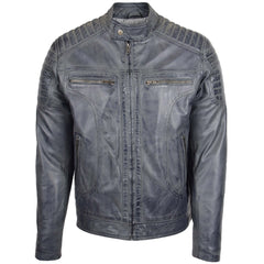 Mens Leather Biker Style Zip Jacket Eddie Essence Silver grey Two Tone