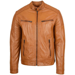 Mens Leather Cafe Racer Biker Jacket Crimson Tan