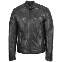 Mens Leather Cafe Racer Biker Jacket Ron Onyx black