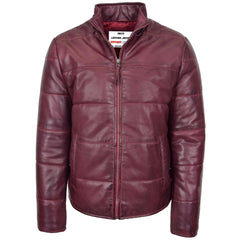 Mens Leather Hooded Puffer Jacket Ivory Burgundy