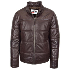 Mens Leather Hooded Puffer Jacket Topaz brown