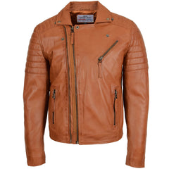 Mens Biker Leather Jacket Dual Zip Hook Crimson Tan