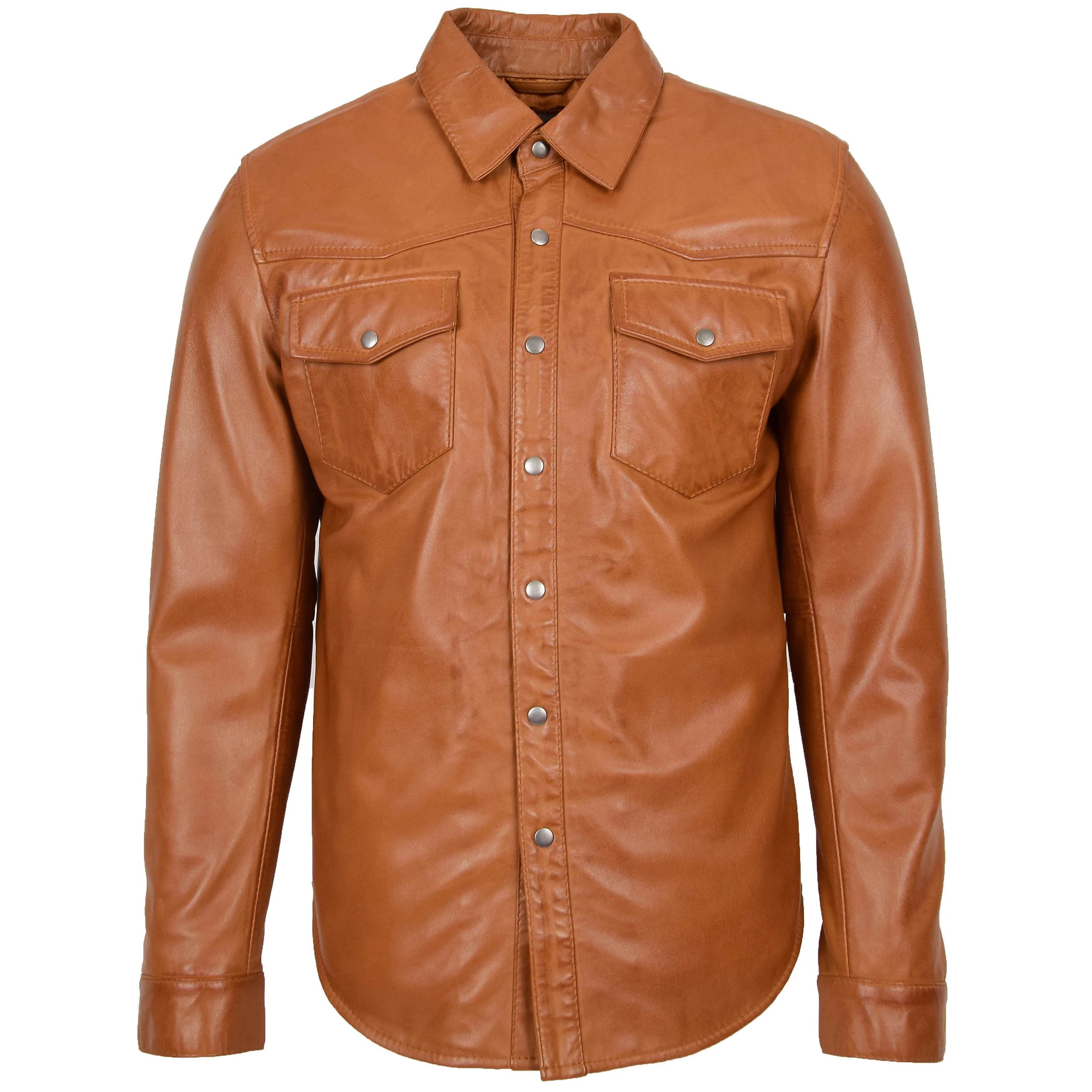 Mens Leather Shirt Classic Trucker Style Oliver Crimson Tan