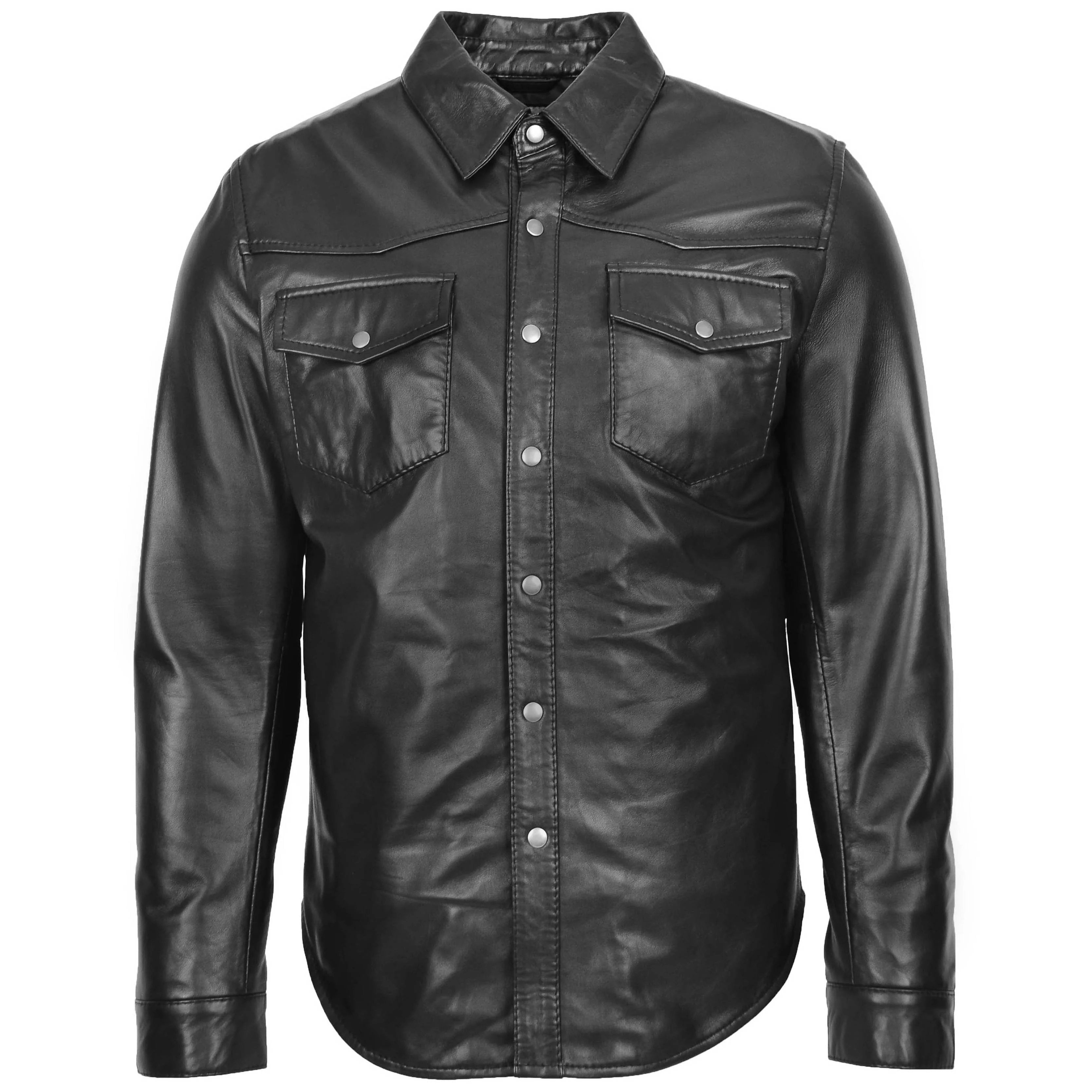 Mens Leather Shirt Classic Trucker Style Oliver Onyx Black