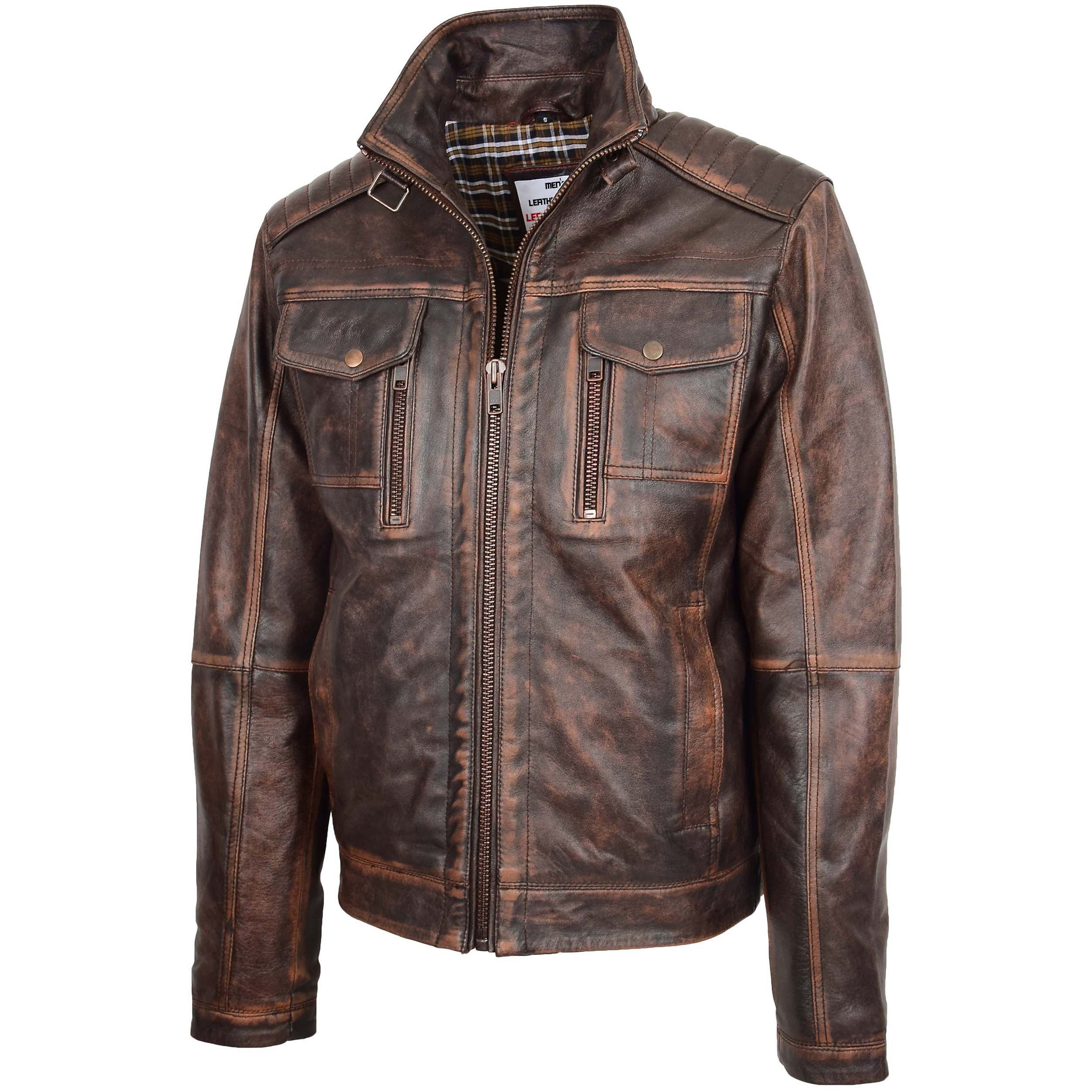 Mens Leather Urban Biker Style Jacket Hugo Topaz Brown Vintage