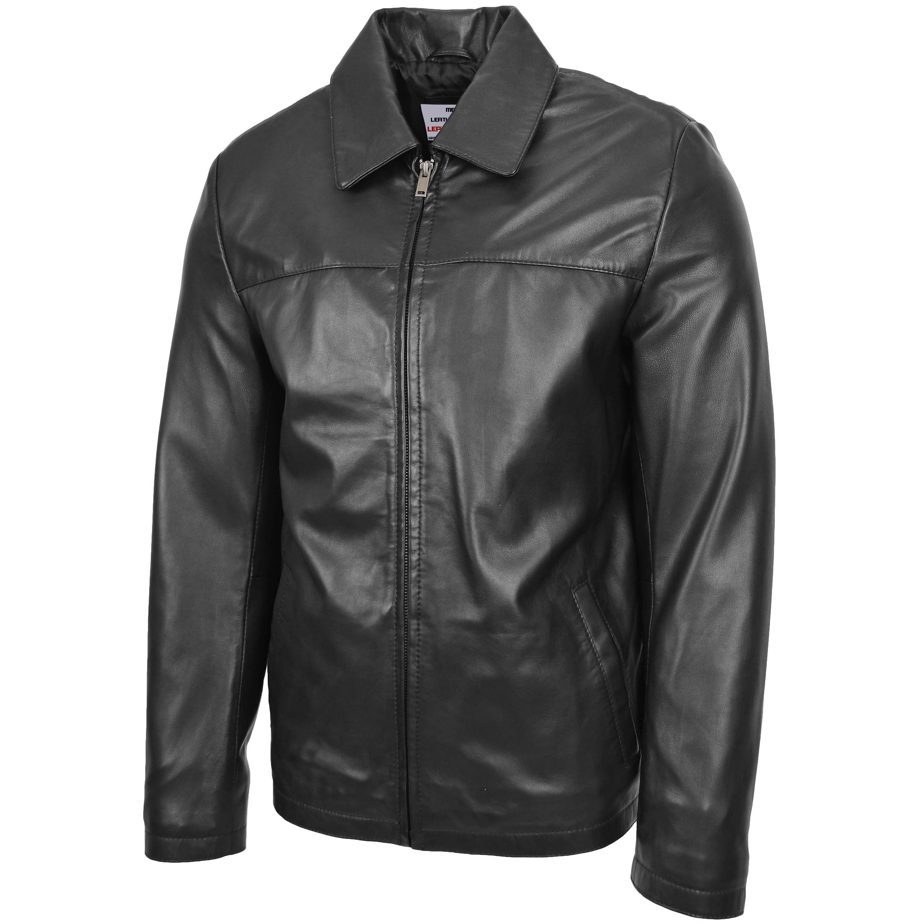 Mens Leather Zip Box Harrington Jacket James Onyx Black