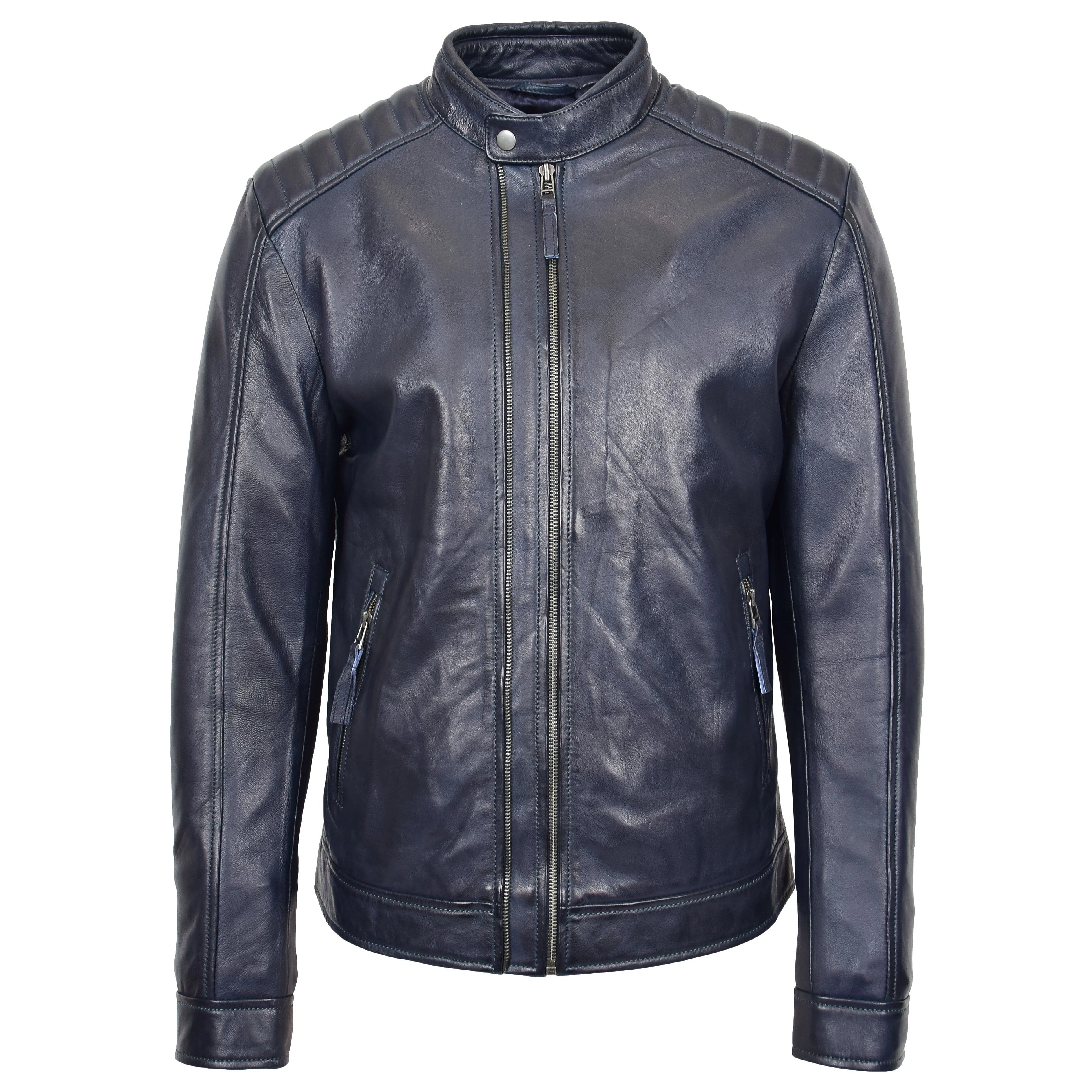 Mens Real Leather Biker Jacket Archie Luna Sapphire Navy Blue