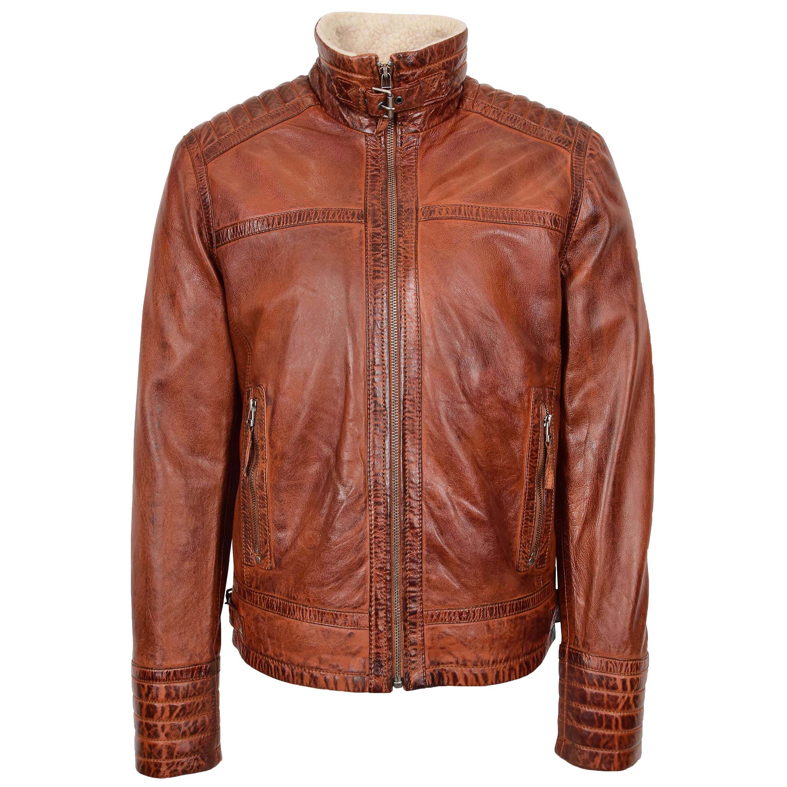 Mens Real Leather Sherpa Lined Jacket Alfie Topaz Brown