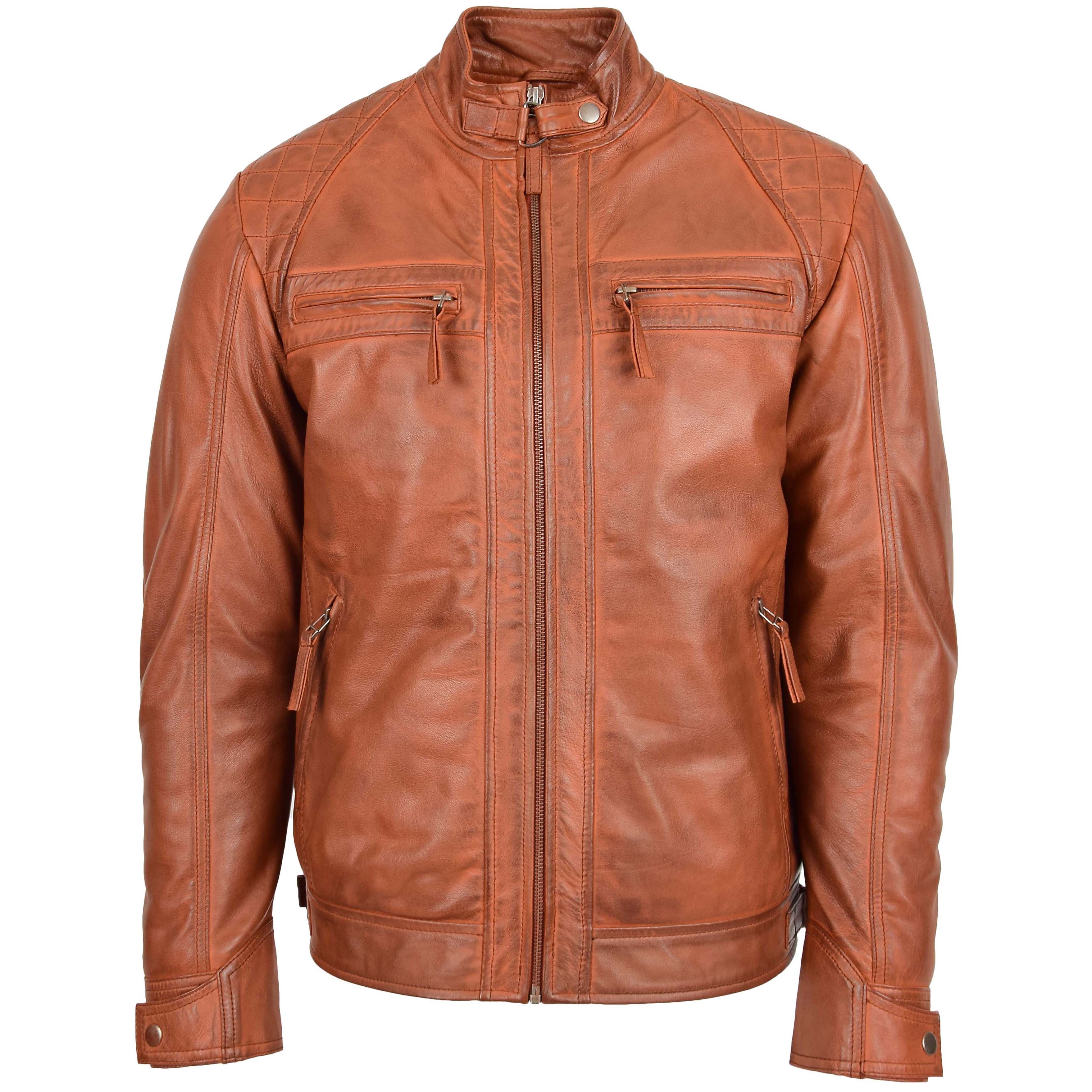 Mens Biker Leather Jacket Standing Collar Bowie Crimson Tan