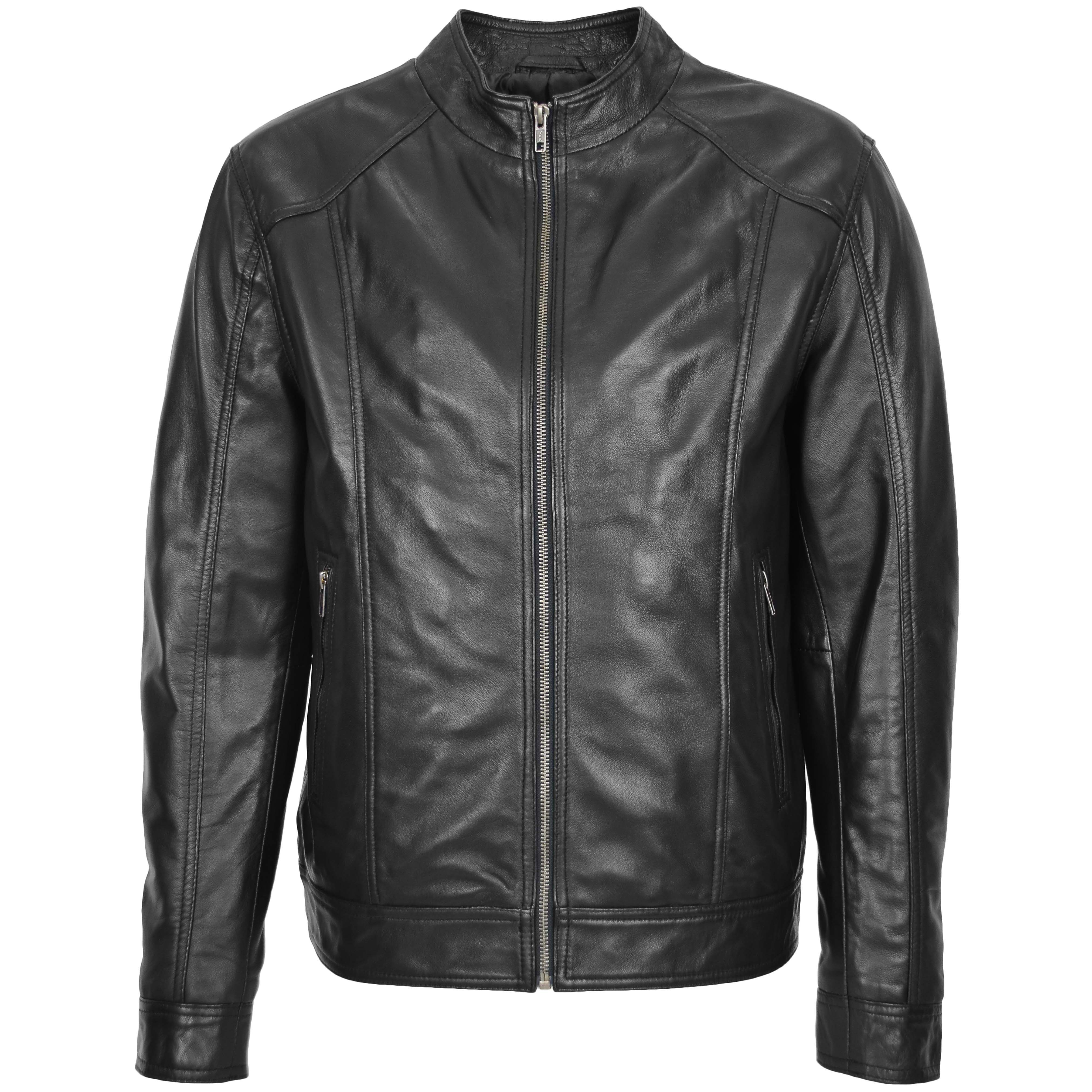 Mens Soft Leather Casual Plain Zip Jacket Matt Onyx Black.