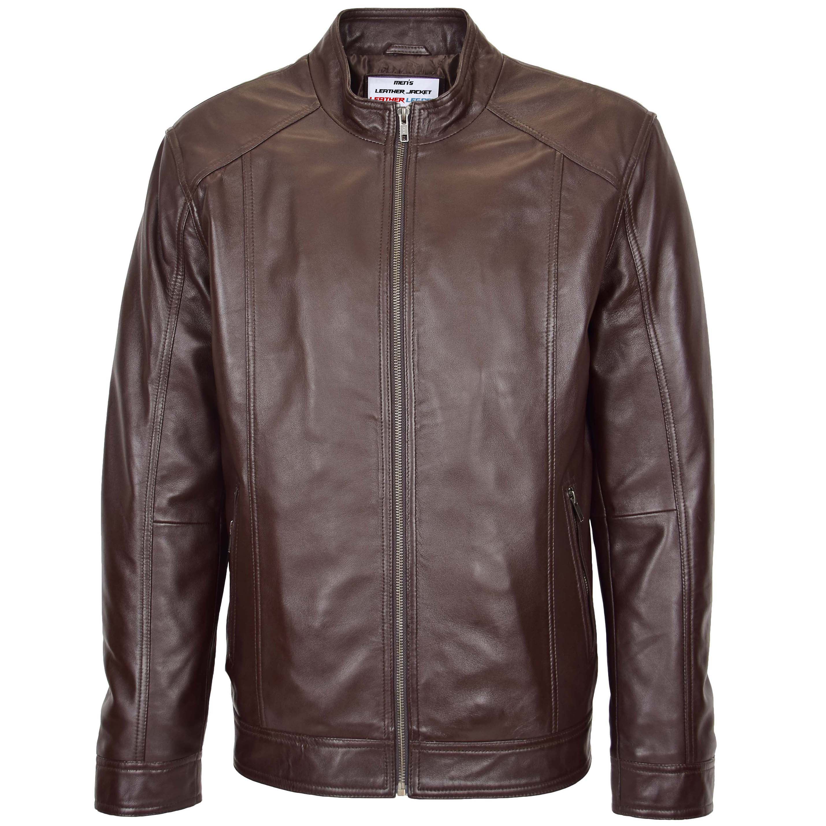 Mens Soft Leather Casual Plain Zip Jacket Matt Topaz Brown