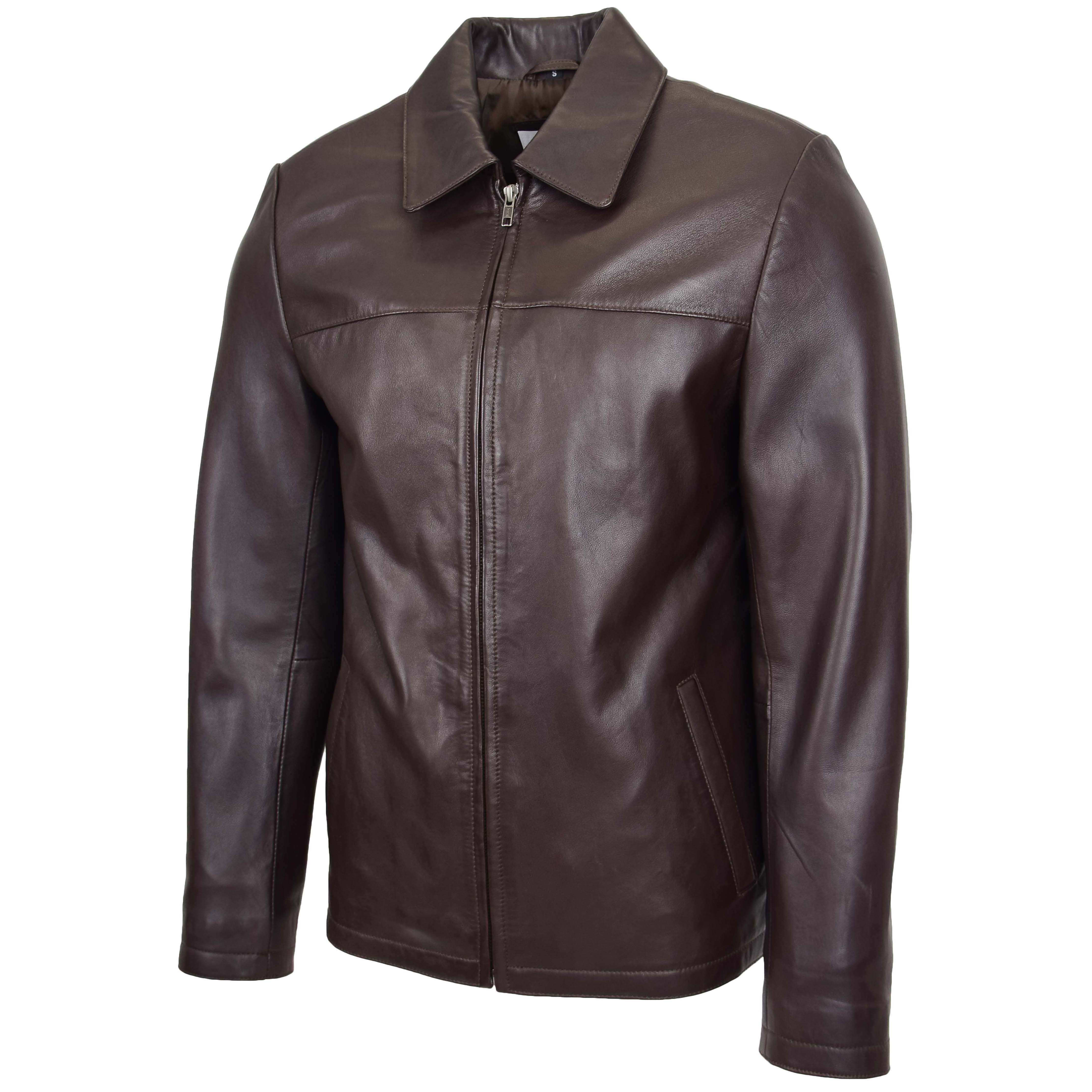 Mens Leather Zip Box Harrington Jacket James Topaz Brown