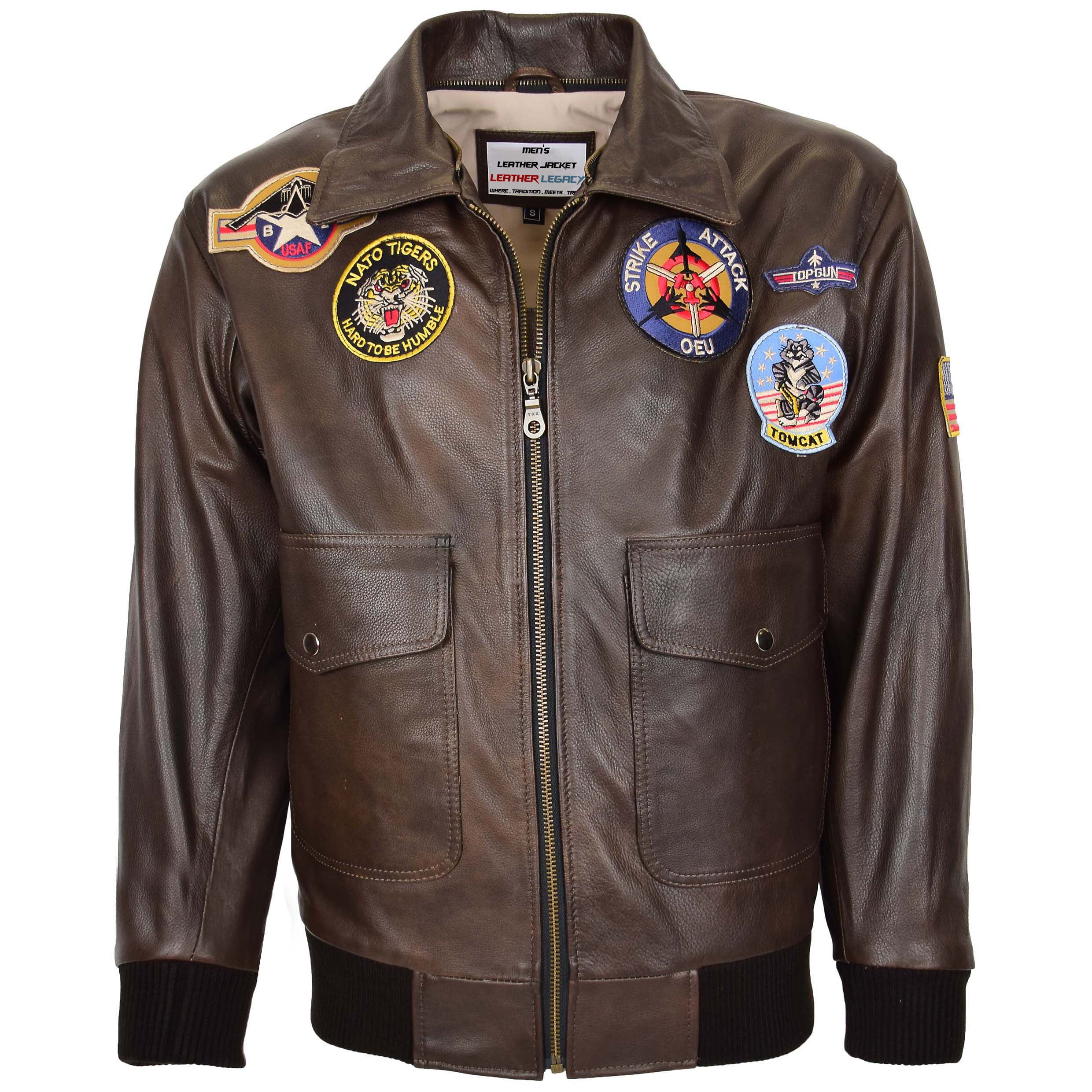 Mens Bomber Leather Jacket Air Force Style Lester Topaz Brown