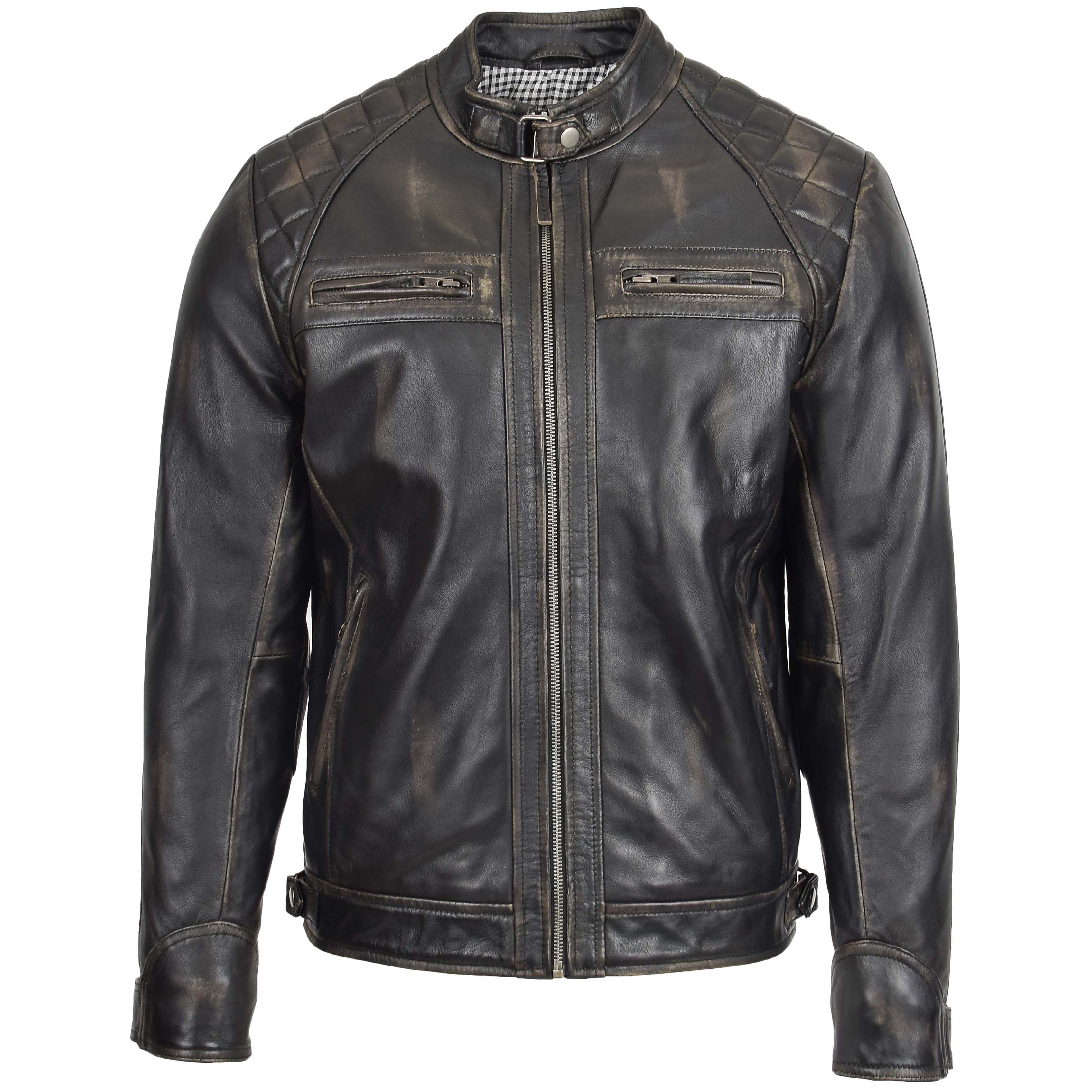 Mens Biker Leather Jacket Standing Collar Jade Rubb Off