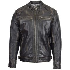 Mens Biker Leather Jacket Standing Collar Jade Rubb Off