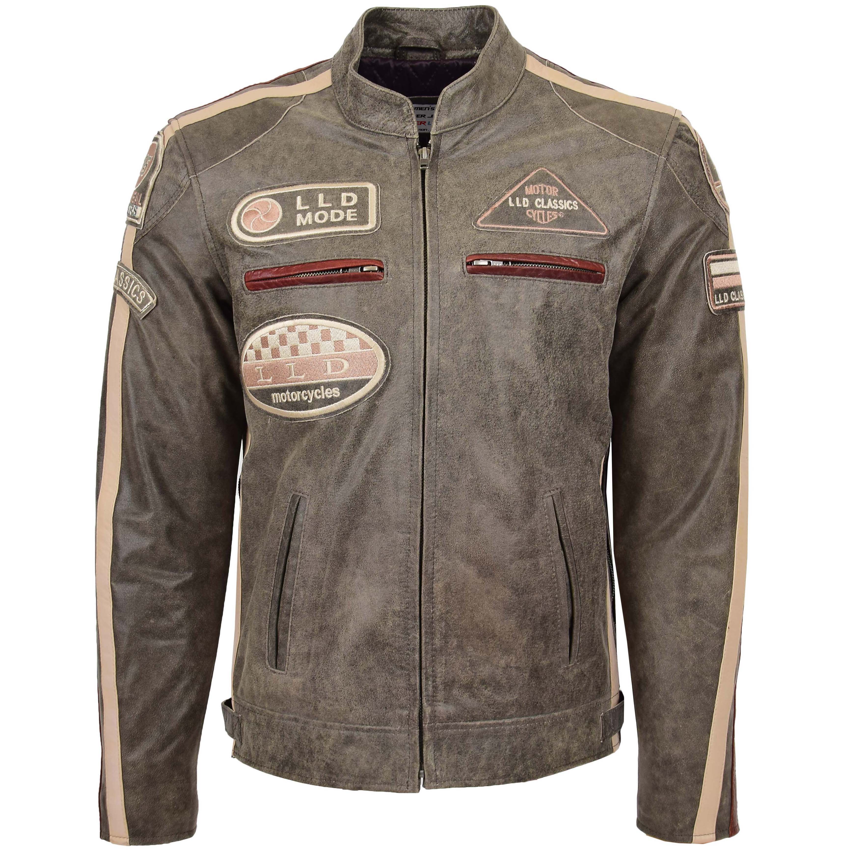 Mens Biker Leather Jacket with Badges Topaz brown