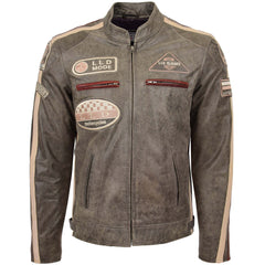 Mens Biker Leather Jacket with Badges Topaz brown