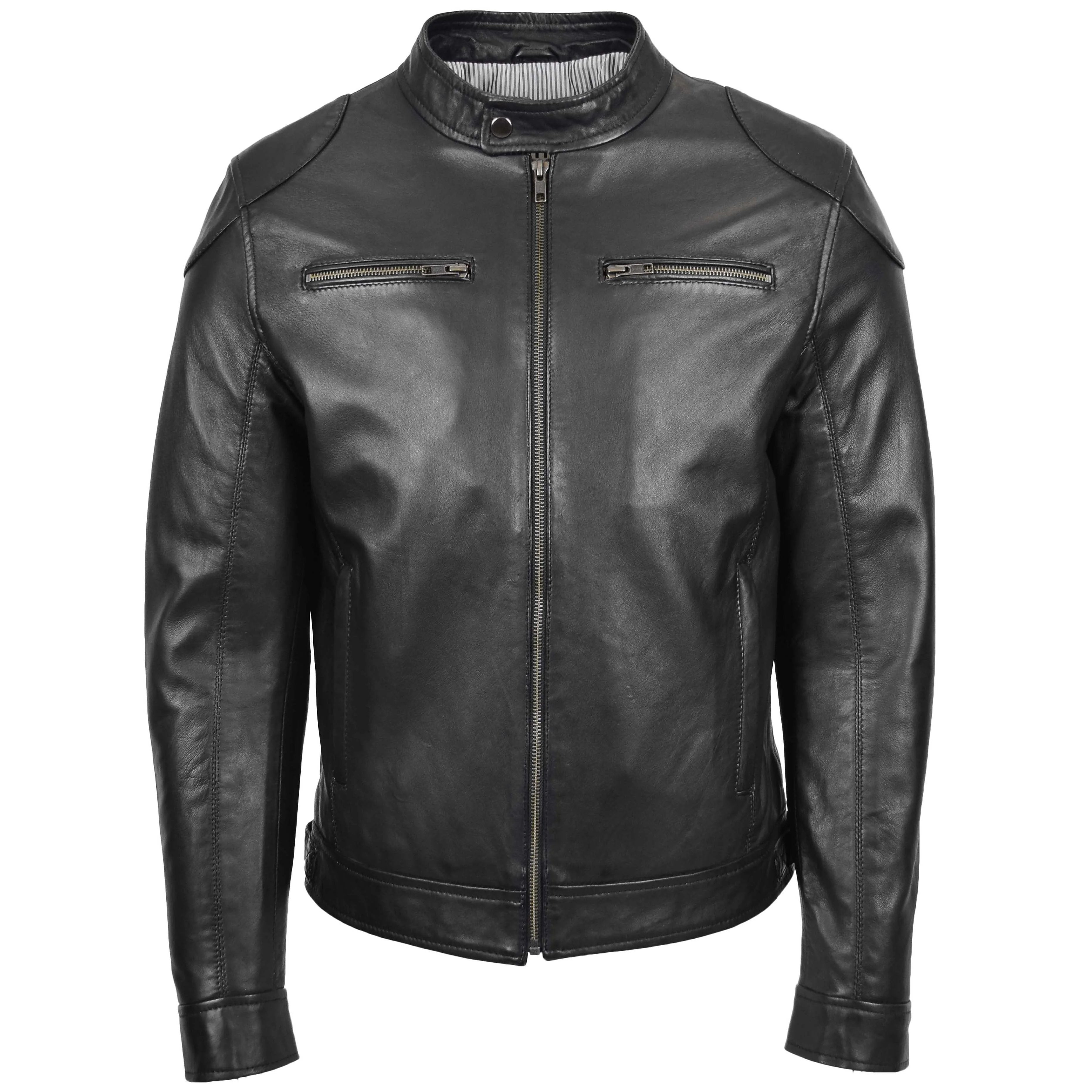 Mens Biker Soft Casual Leather Jacket Onyx black