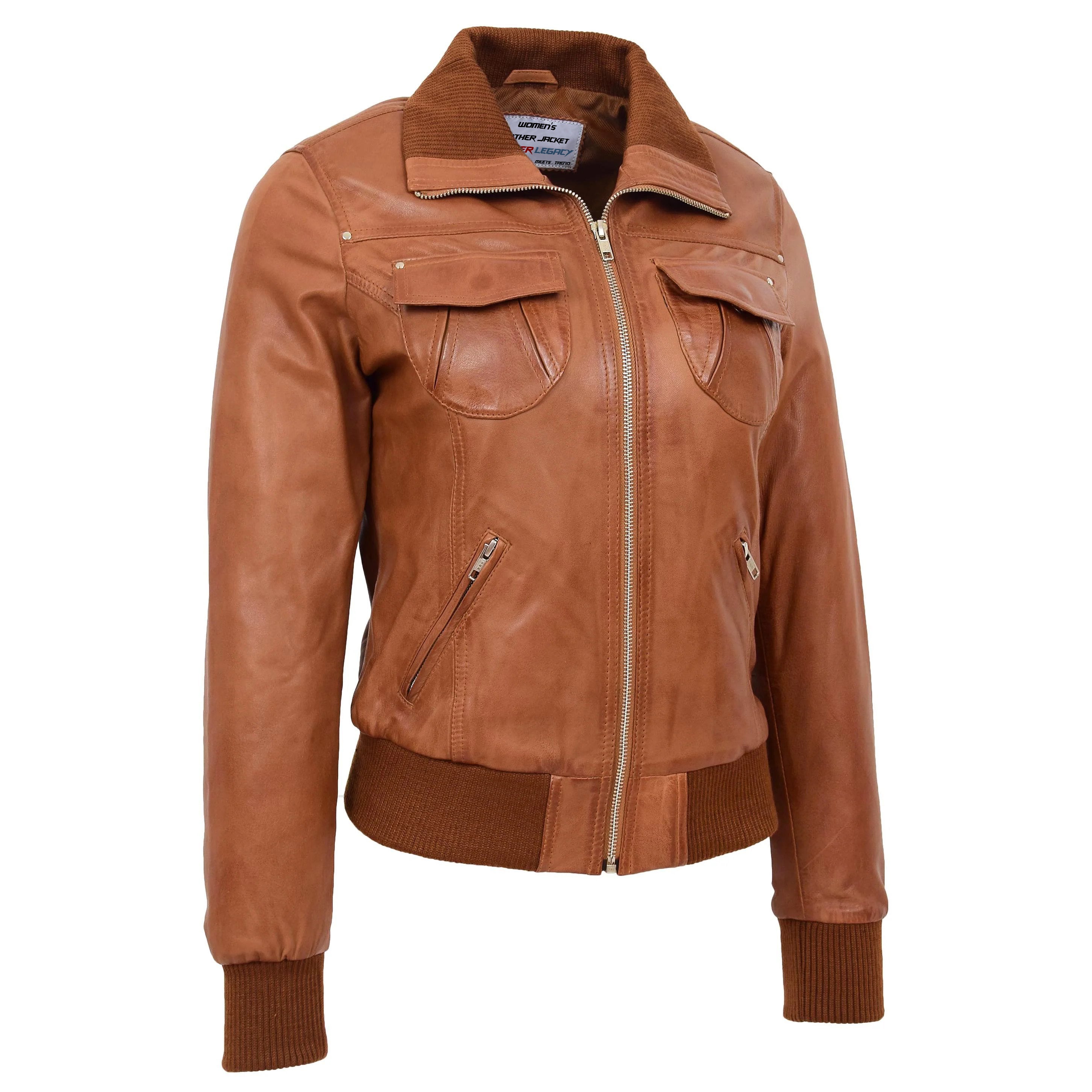 Womens Leather Varsity Quilted Bomber Jacket Crimson Tan