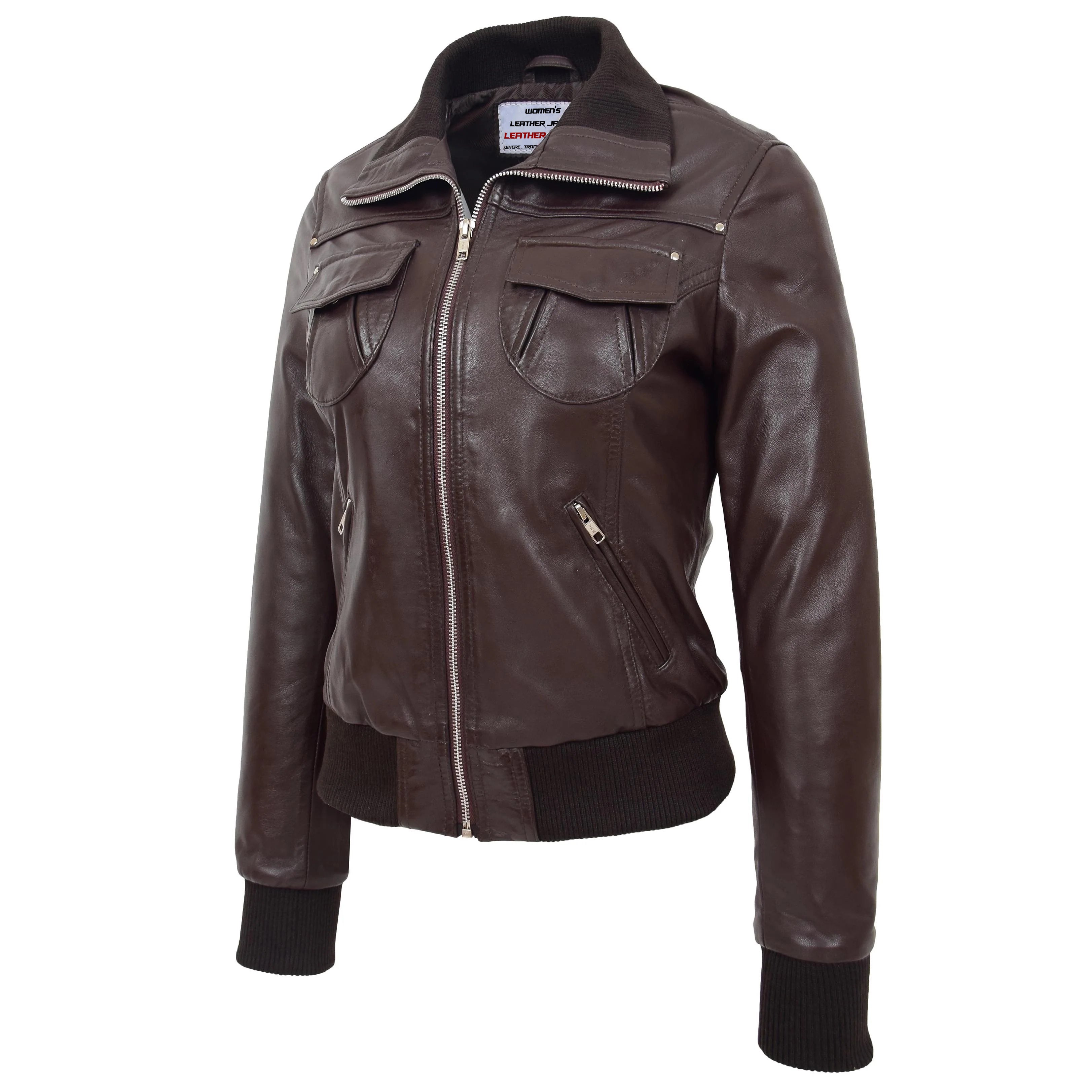 Womens Leather Classic Bomber Jacket Motto Topaz Brown