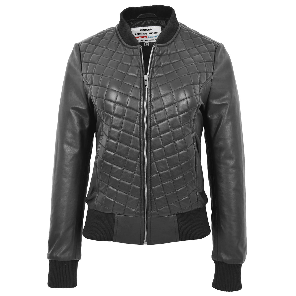 Womens Leather Varsity Quilted Bomber Jacket Onyx Black