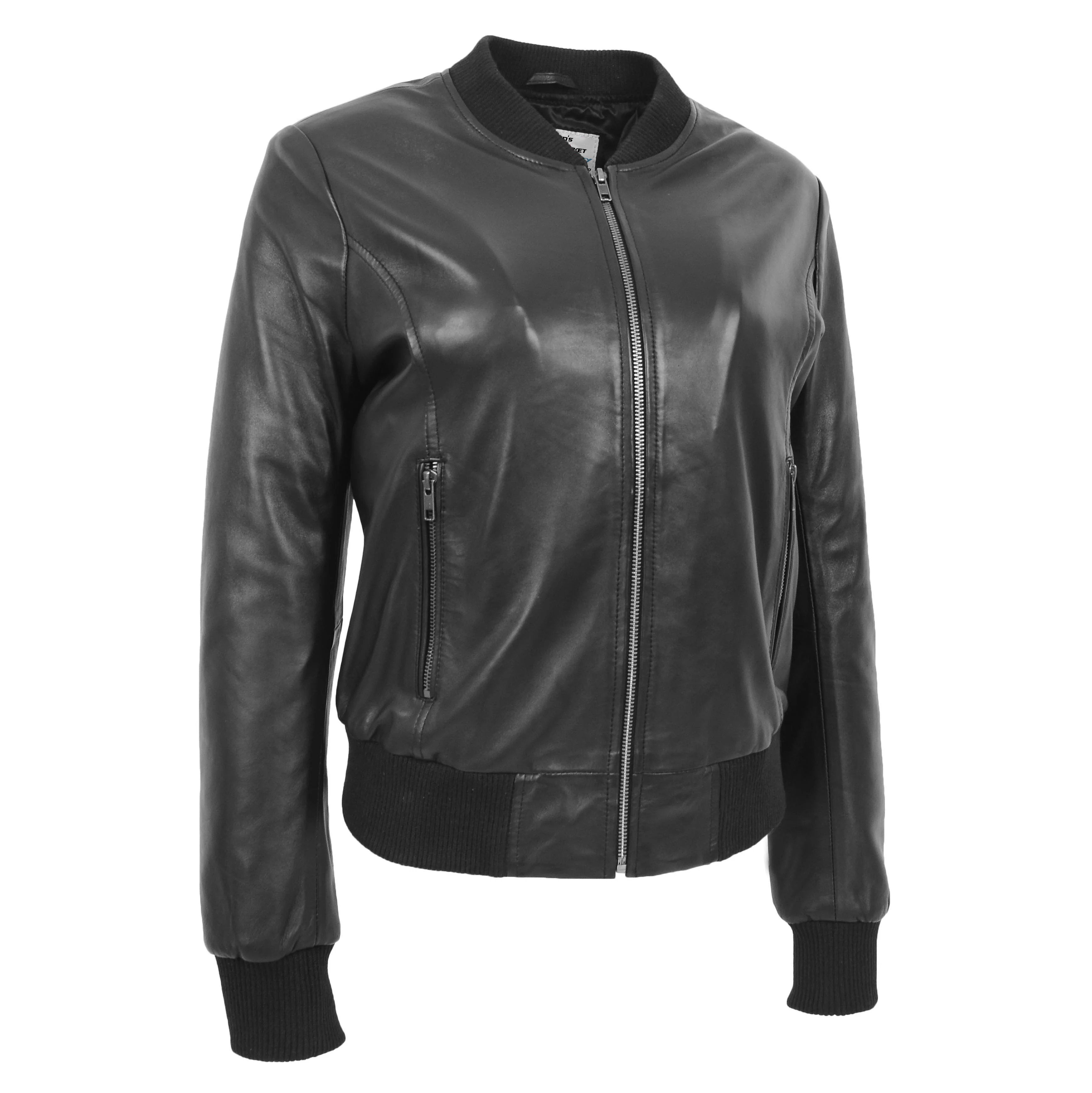 Womens Real Leather Varsity Bomber Jacket Onyx Black