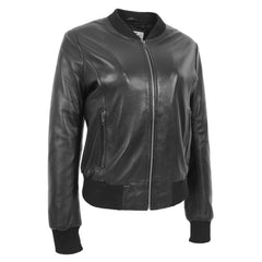 Womens Real Leather Varsity Bomber Jacket Onyx Black