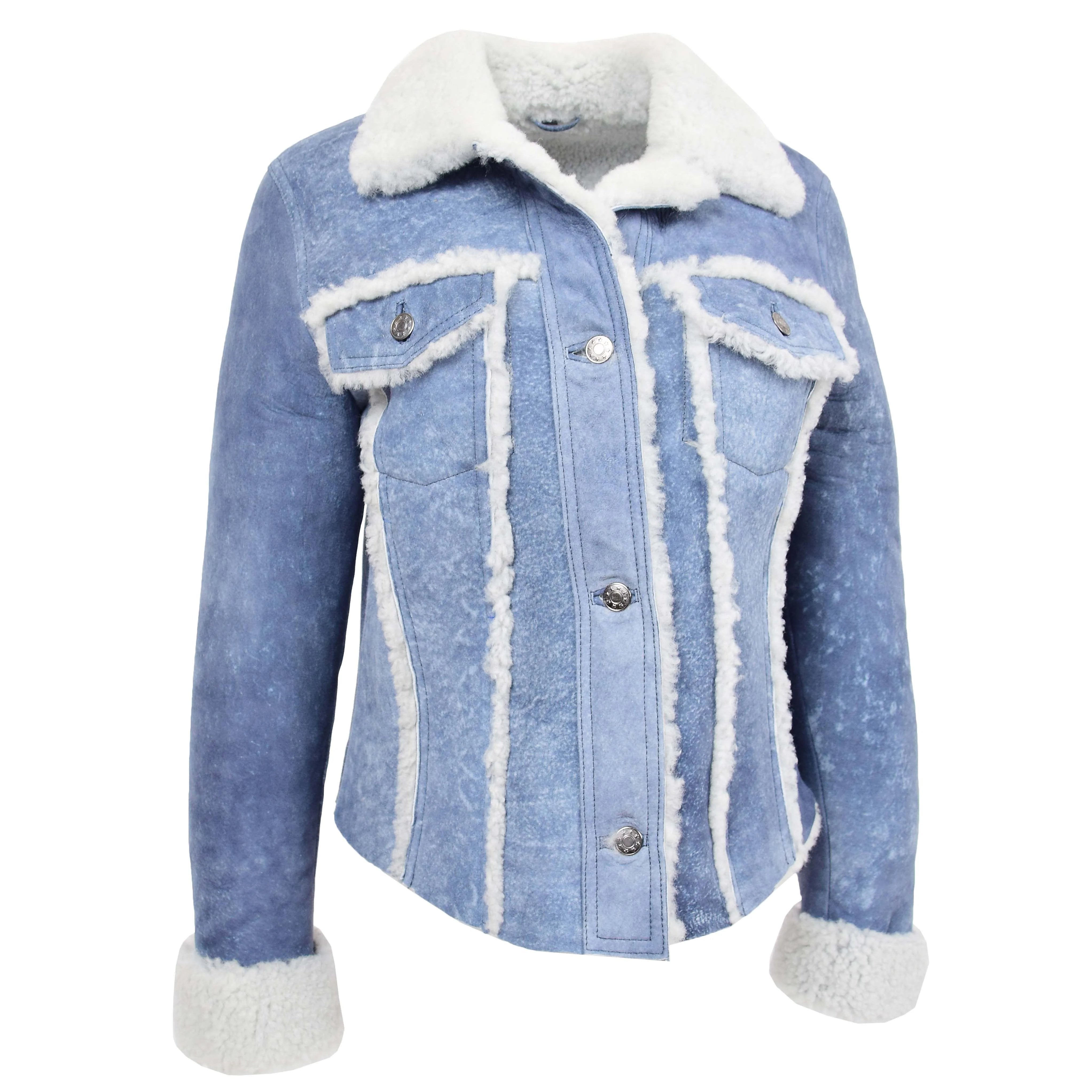 Womens Real Sheepskin Trucker Jacket Kylie Denim Sapphire Blue