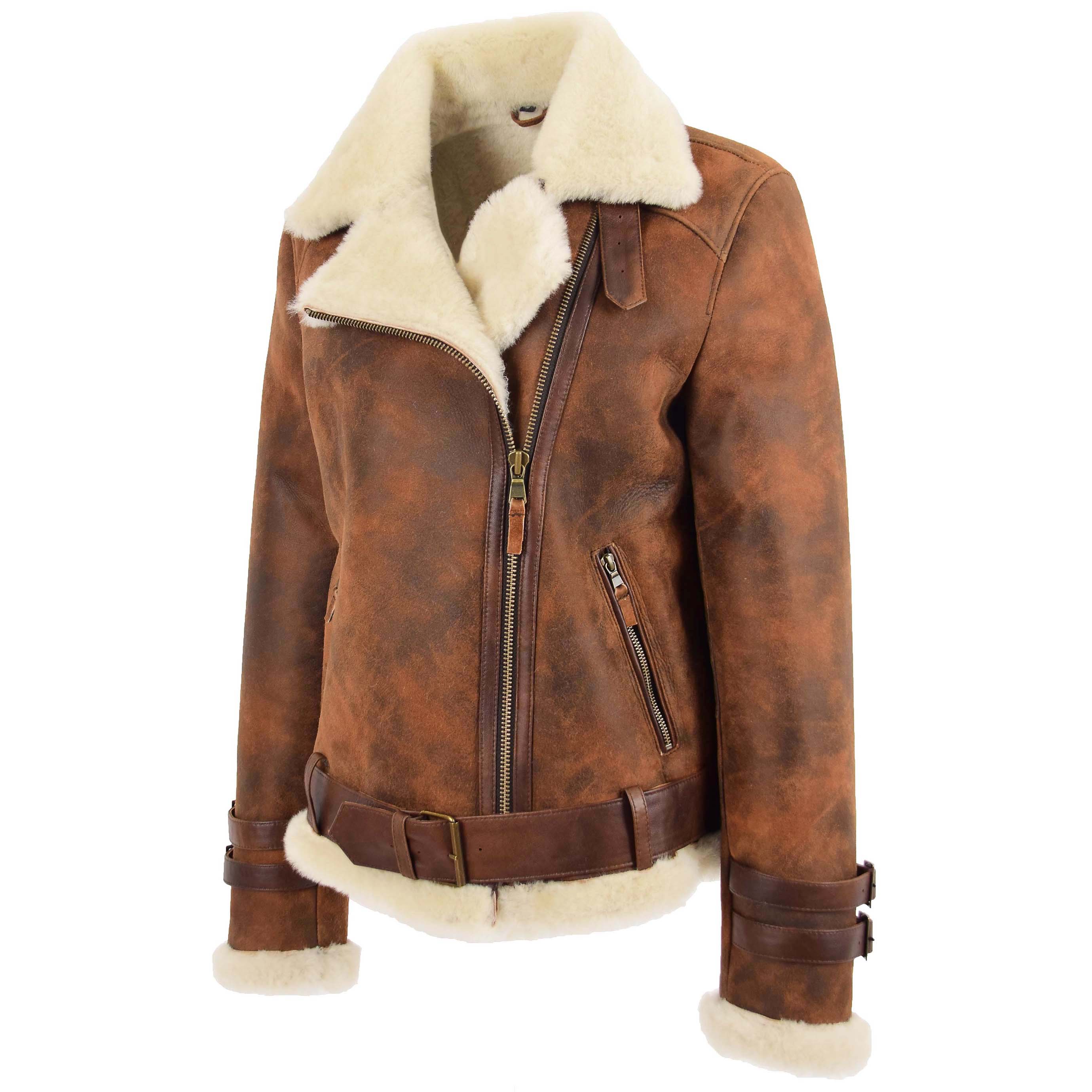 Womens Sheepskin Aviator Cross Zip Pilot Jacket Topaz Vintage Brown