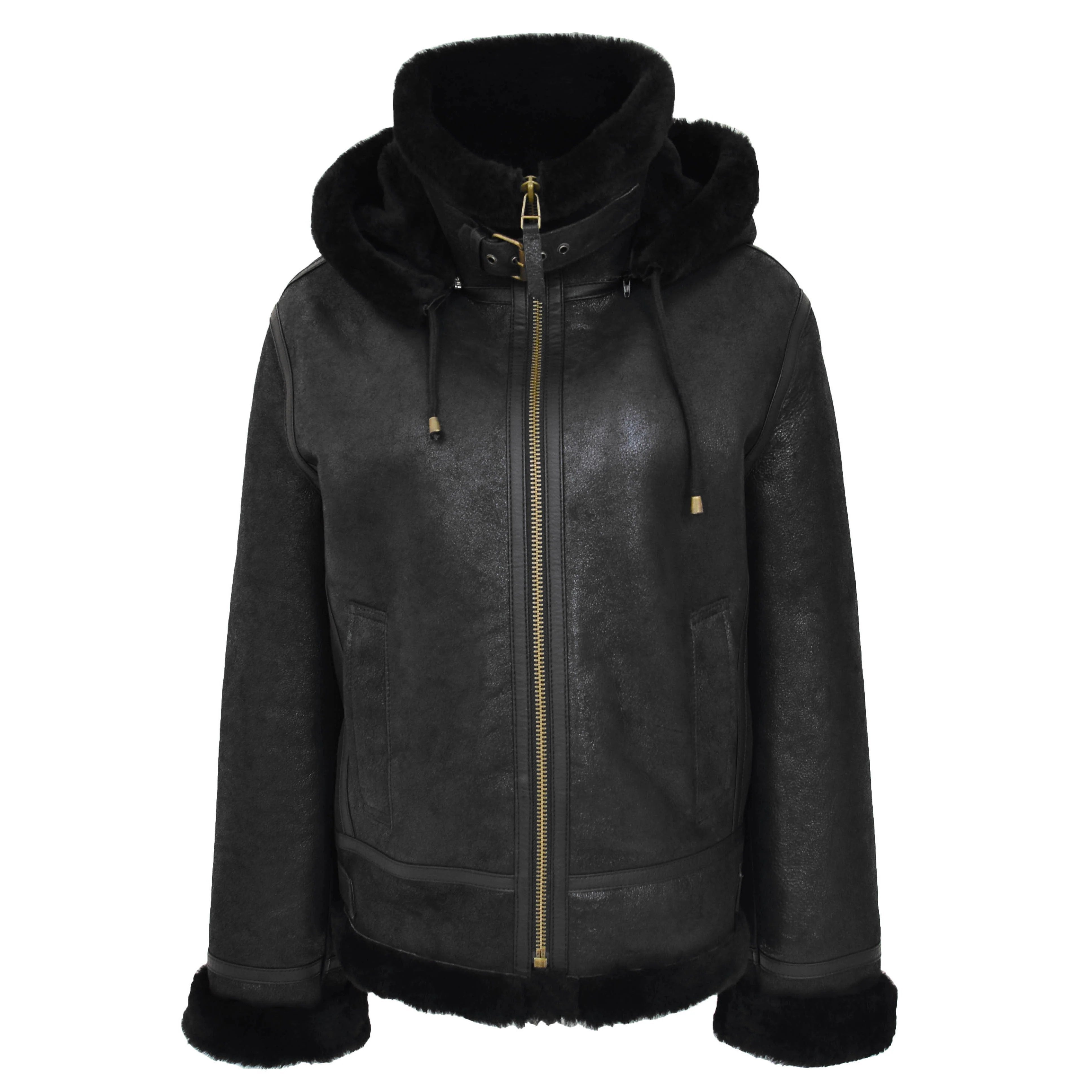 Womens Sheepskin B3 Detachable Hoodie Jacket Onyx Black