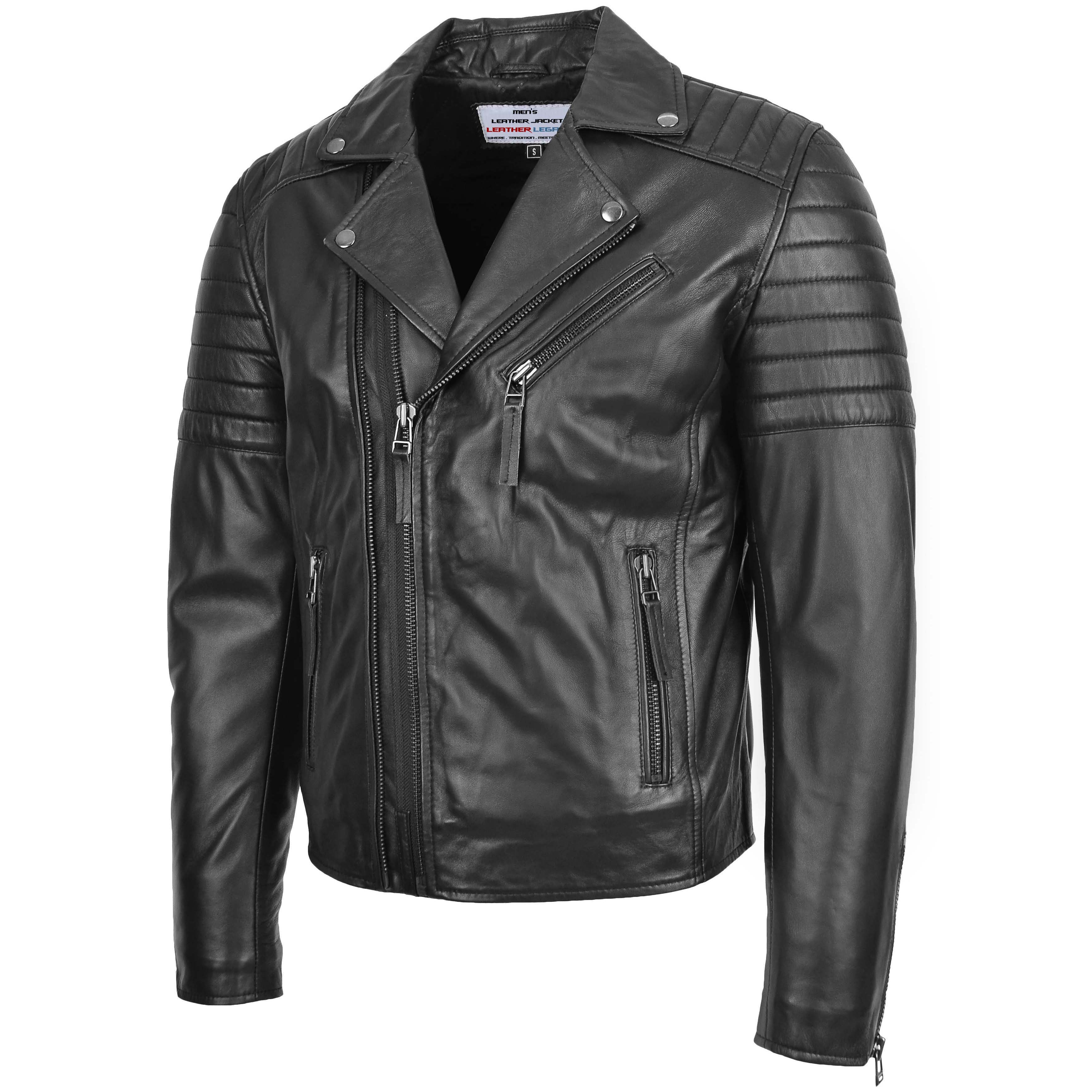 Mens Biker Leather Jacket Dual Zip Hook Onyx Black