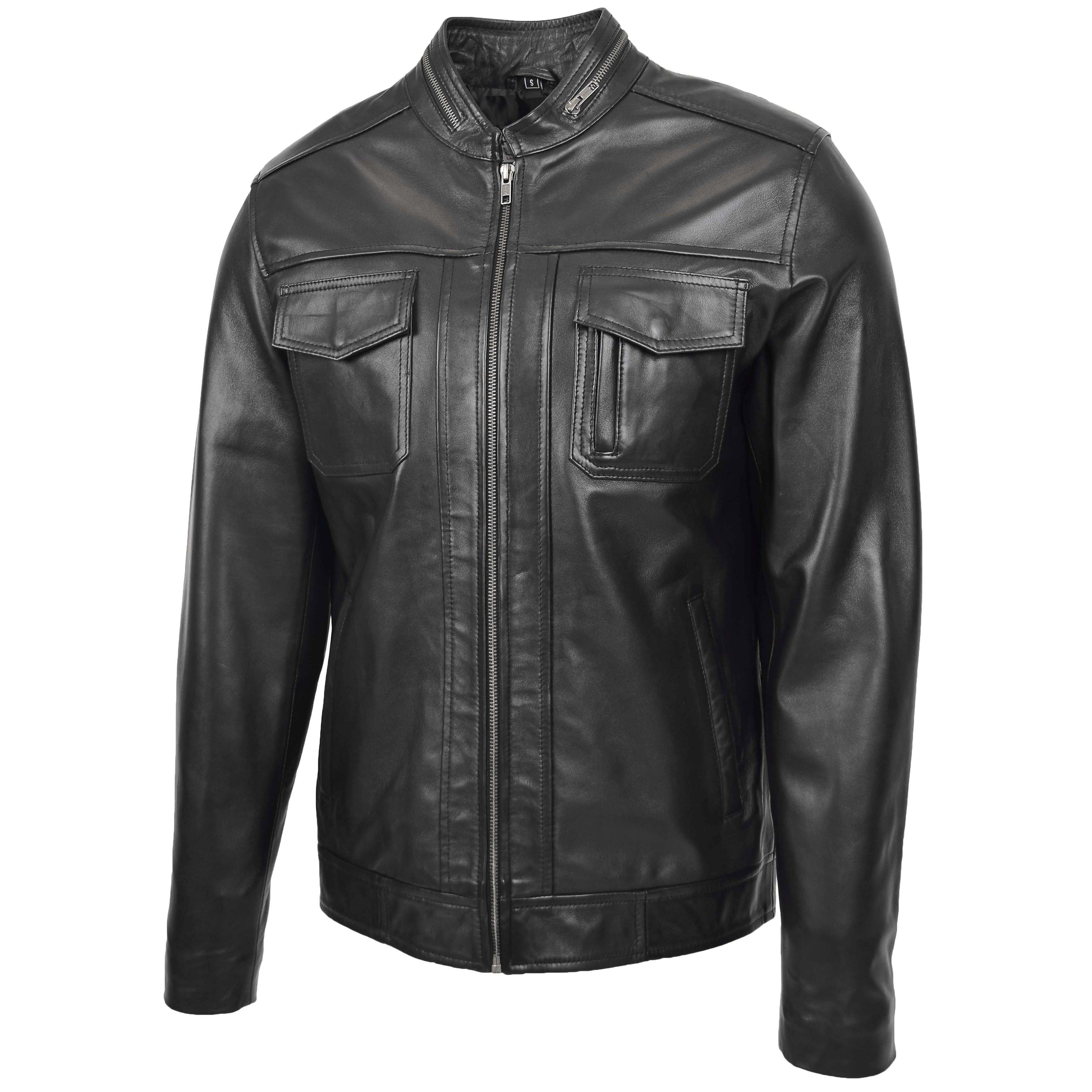 Mens Casual Biker Leather Jacket Onyx black