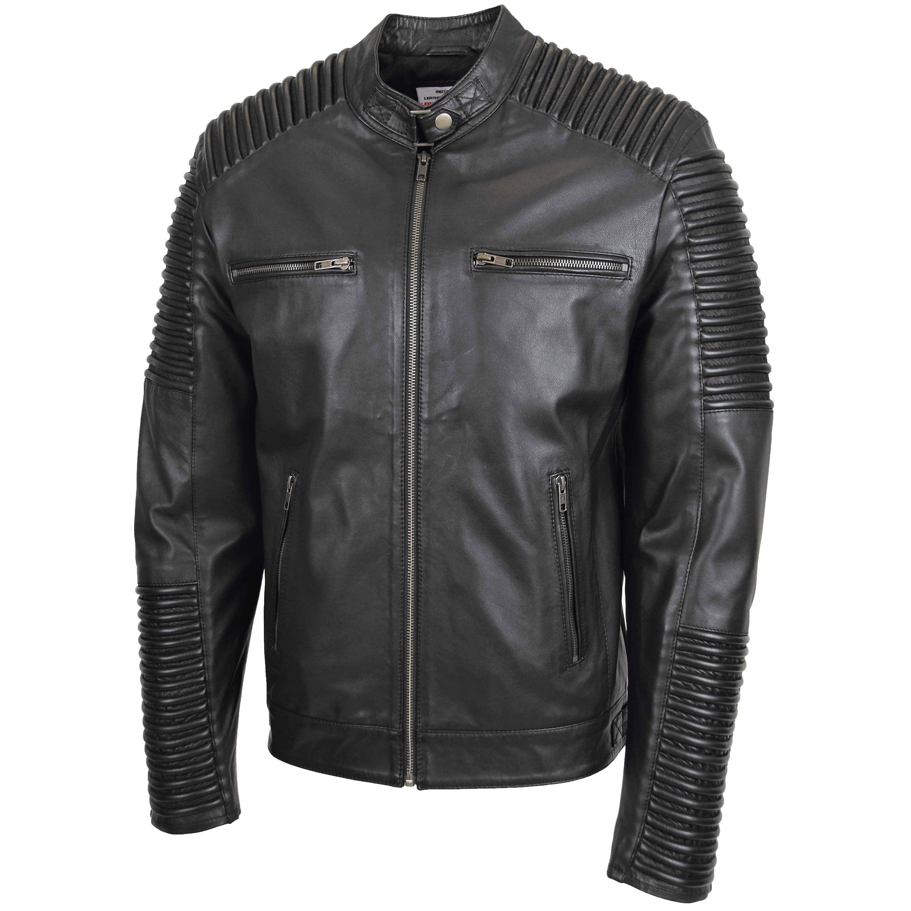 Mens Casual Soft Leather Biker Jacket Onyx black