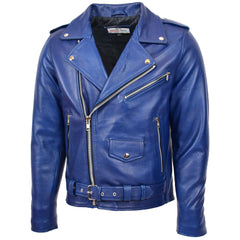 Mens Heavy Duty Leather Biker Brando Jacket Sapphire Blue