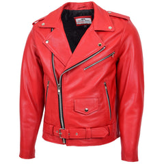 Mens Heavy Duty Leather Biker Brando Jacket Ruby red