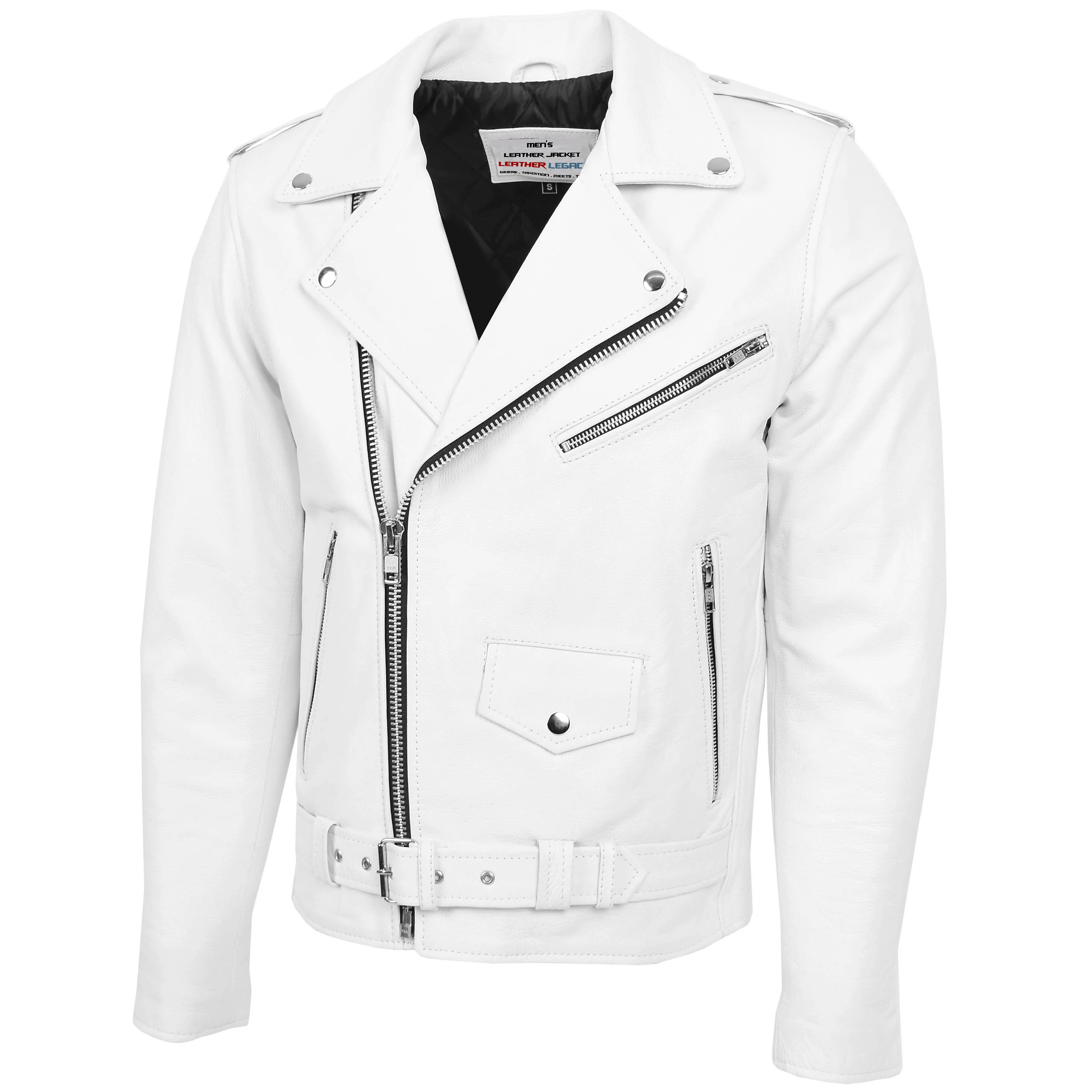 Mens Heavy Duty Leather Biker Brando Jacket Pearl white