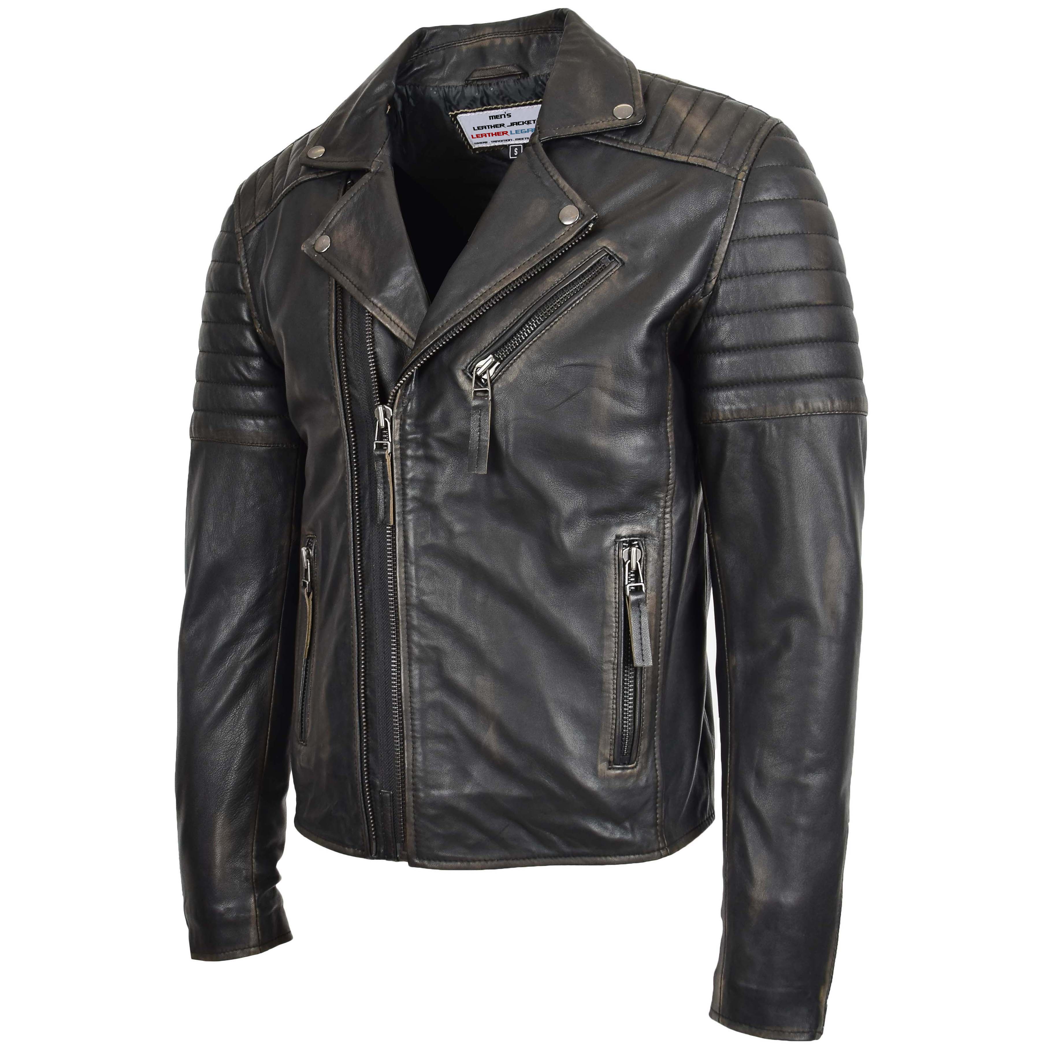 Mens Biker Leather Jacket Dual Zip Hook Jade Rubb Off