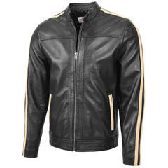 Mens Leather Biker Jacket with Racing Stripes Clyde Onyx black