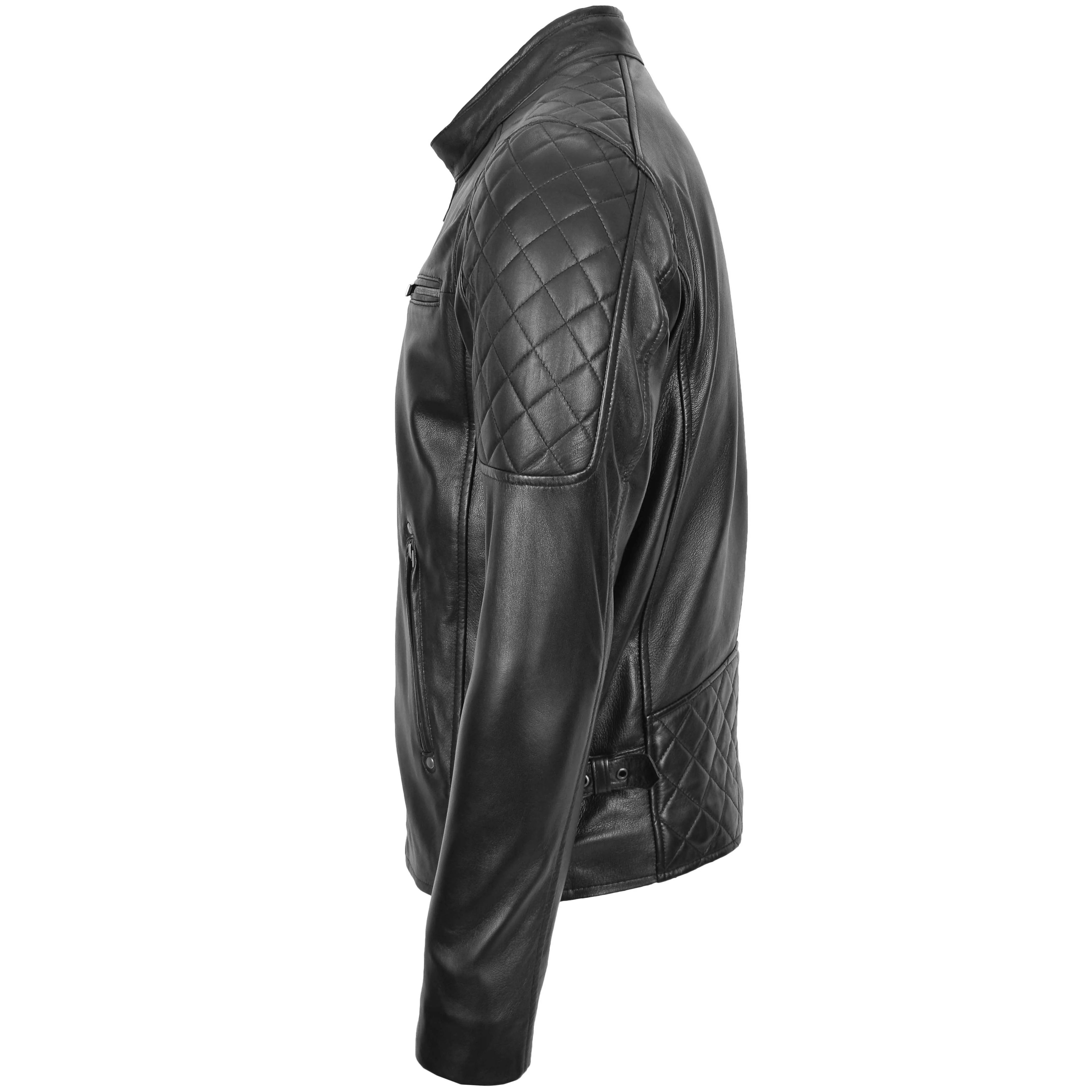 Mens Leather Biker Style Jacket with Quilt Detail Onyx black