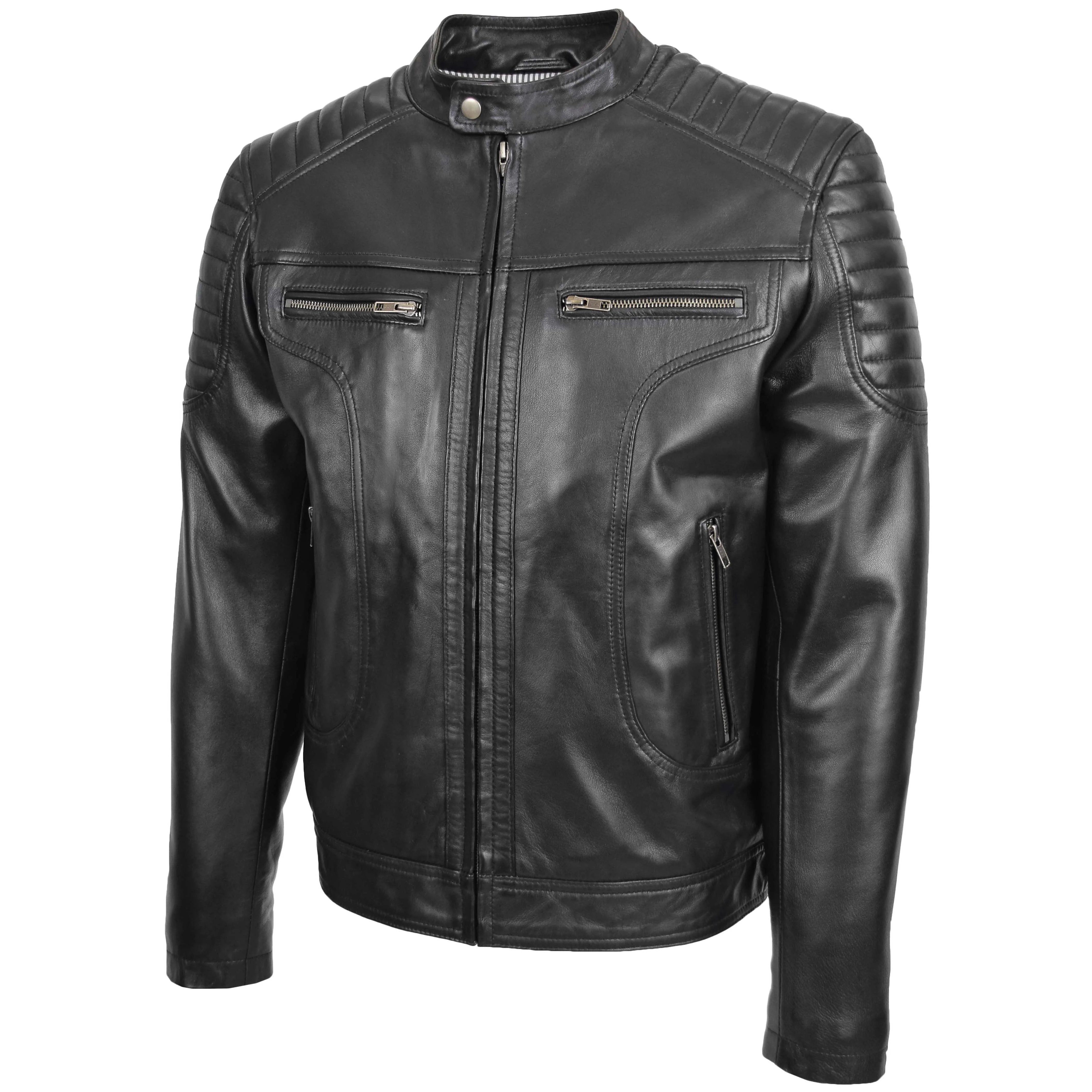 Mens Leather Biker Style Zip Jacket Eddie Essence Onyx black